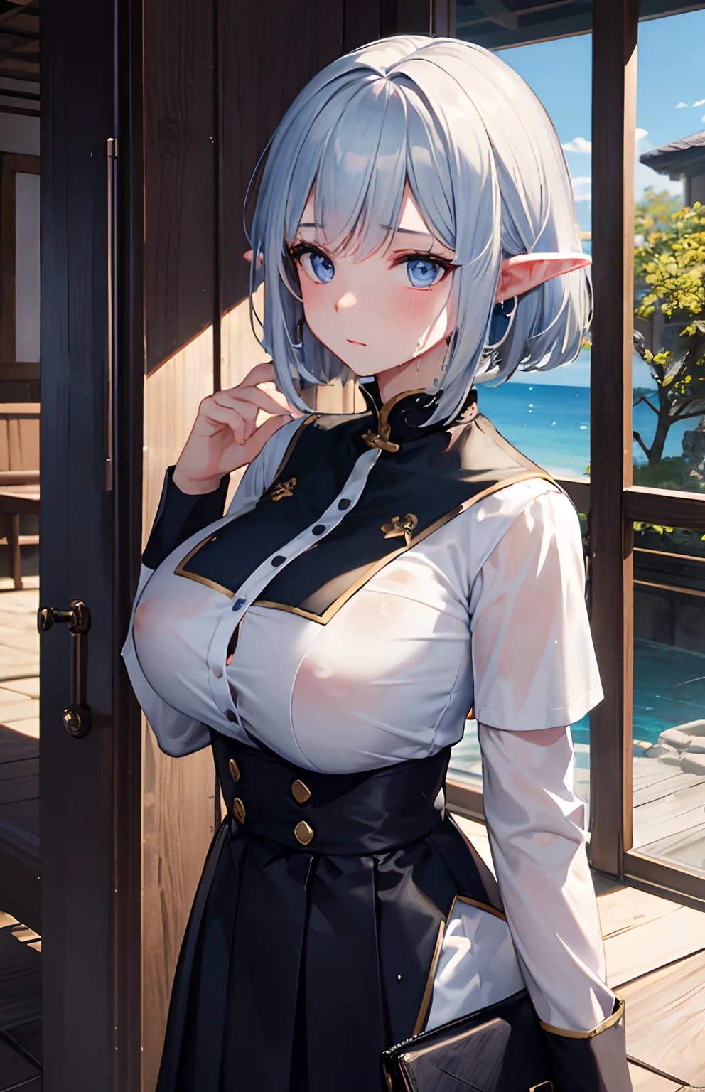masterpiece,Top image quality,hight resolution,imagem 4k,Raw photo,Photorealsitic,{Solo},s girl,Embarrassment,Silver Short Bob,stare at each other,Wet,Blue eyes,小柄,tits out,Elven ears,boyish,Cultivated woman,chies,Monastic uniforms,Saint a girl