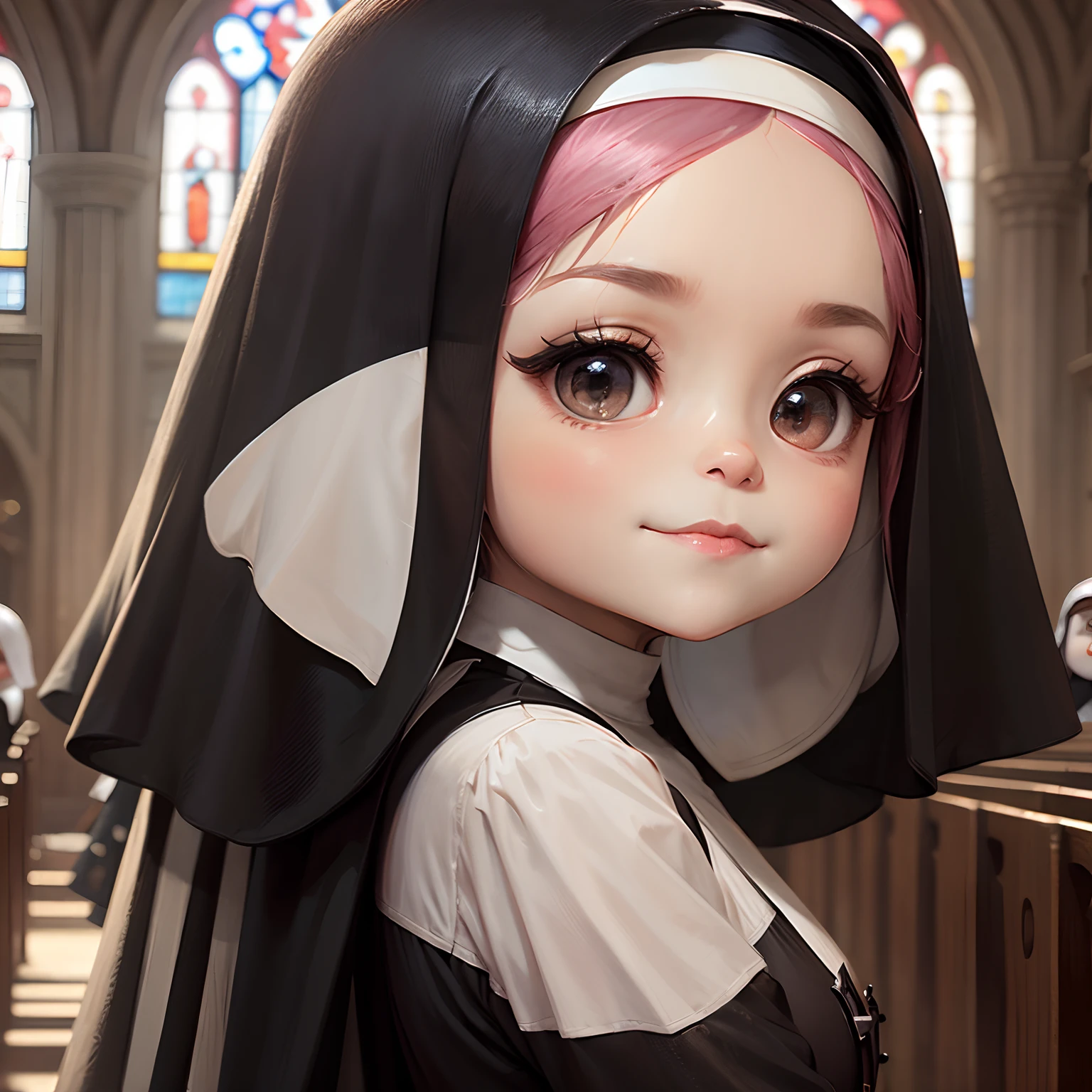 masterpiece、top-quality、ultra-detailliert、(Chibi Nun:1.4)、独奏、inside a church、stain glass、doa