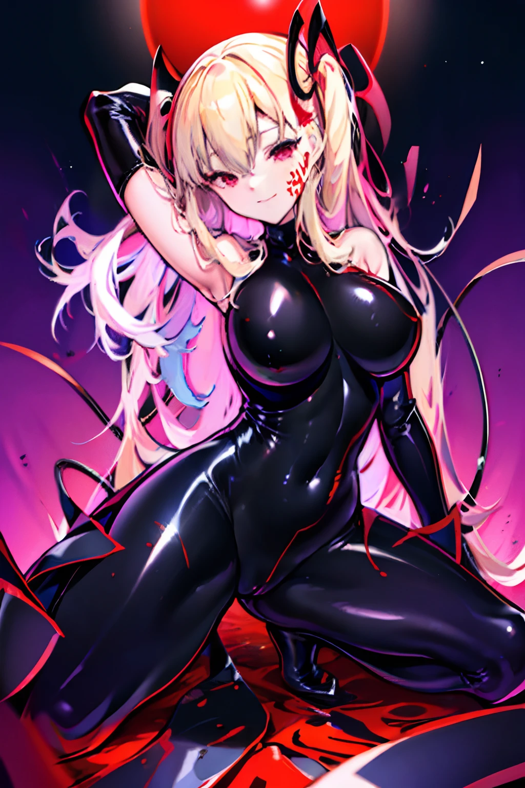 Carefully draw the face High-quality faces in anime style a blond Shiny black full body suit Red lines all over the body huge tit Big ass Whip thighs seductiv a smile succubus Sit up Rear view