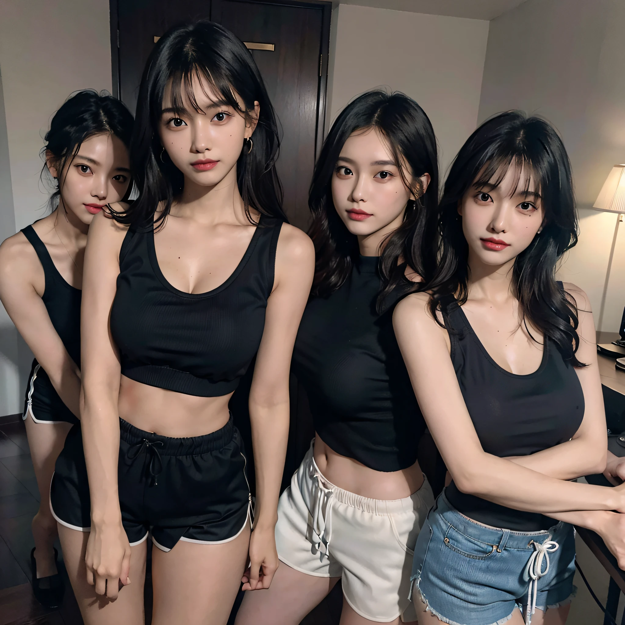 absurdres, RAW photo, extremely delicate and beautiful, masterpiece, Best Quality, ultra high resolution, 16k, hyperrealistic, ultra-detailed, Very detailed CG 8k wallpaper, Beautiful Lighting, Perfect Lightning, Realistic Shadows, perfect anatomy, super Detailed skin, perfect figure, Japanese woman, late 20s, very Slim body, narrow waist, very small head, handsome detailed woman, very detailed eyes and face, realistic face proportions, Stunning detailed eyes, Realistic beautiful face, very small face, Realistic small beautiful eyes, double eyelids, makeup, tearful mole, mole on chest, earring, bare legs, beautiful and very thin legs, beautiful and very thin thighs, (very huge round breasts:1.3), short hair, wavy hair, sweat, full body shot, (3 girls:1.5), sleeveless, bare arms, bare legs, tight-fitting, cropped T-shirt, workout wear, (running shorts:1.3),