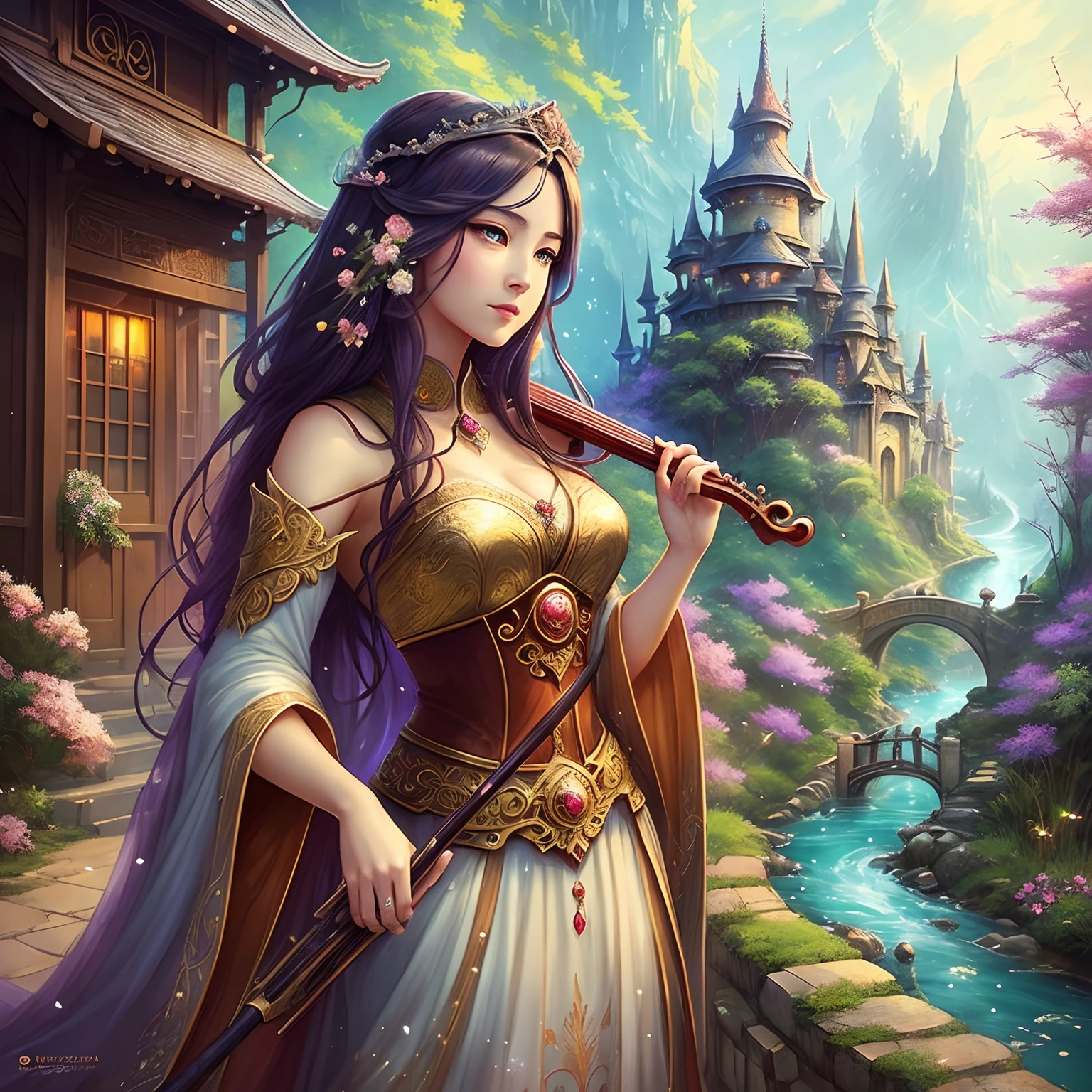 There is a woman in a dress standing outside, with a beautiful face and lush eyes, singing music, with a musical instrument, fantasy art style, Guweiz style art, beautiful fantasy maiden, ((a beautiful fantasy empress)), a beautiful fantasy empress, beautiful fantasy art portrait, fantasy style art, beautiful fantasy art, a creek in the background, and animals around