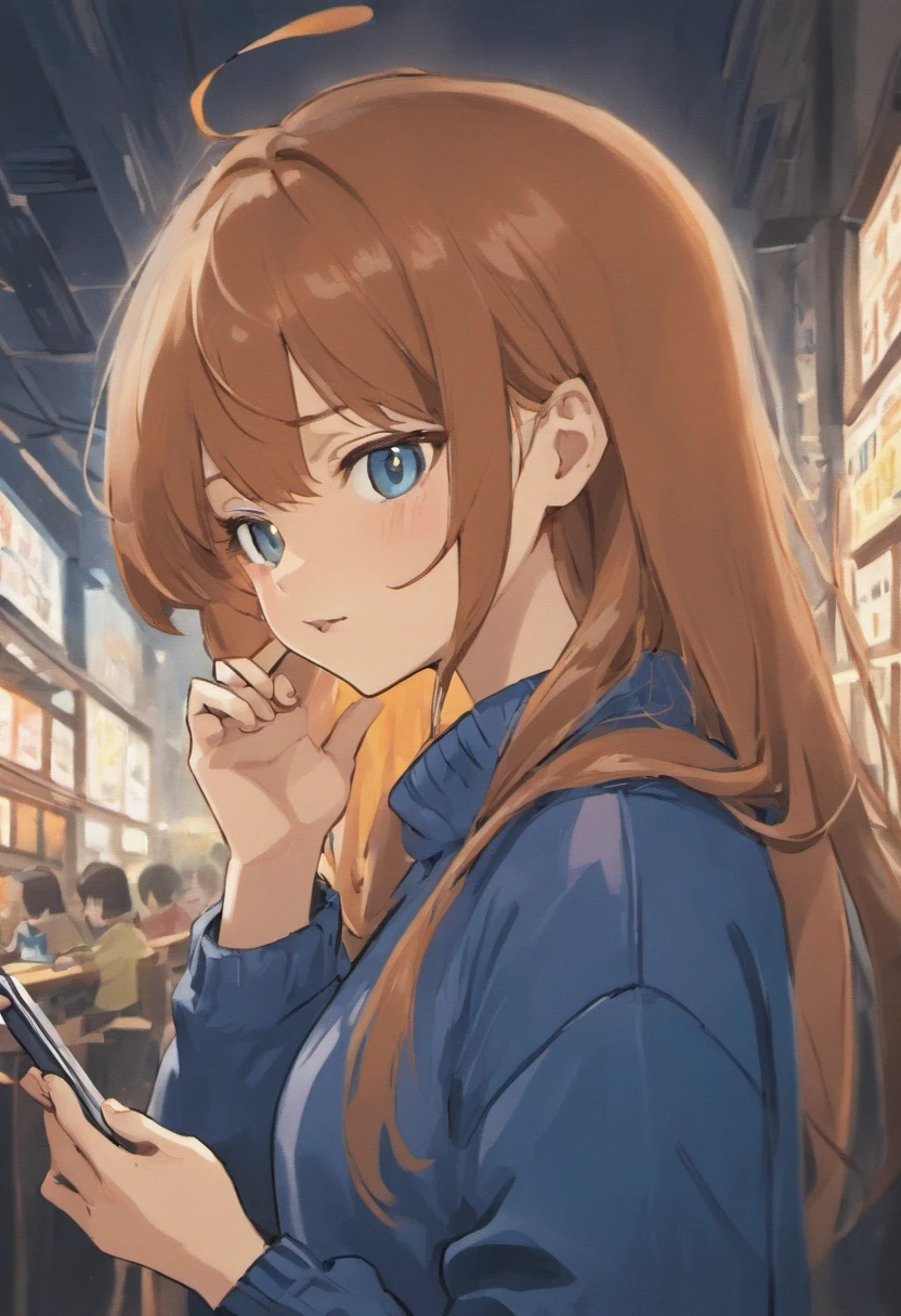 anime girl with brown hair and blue turtleneck sweater looking at a cell phone, cel shaded anime, crying and smiling franticly, giga chad crying, in an anime, cell shaded adult animation, with a sad expression, sad exasperated expression, punchable expression, smirk expression, still from anime, annoyed expression, in an anime style