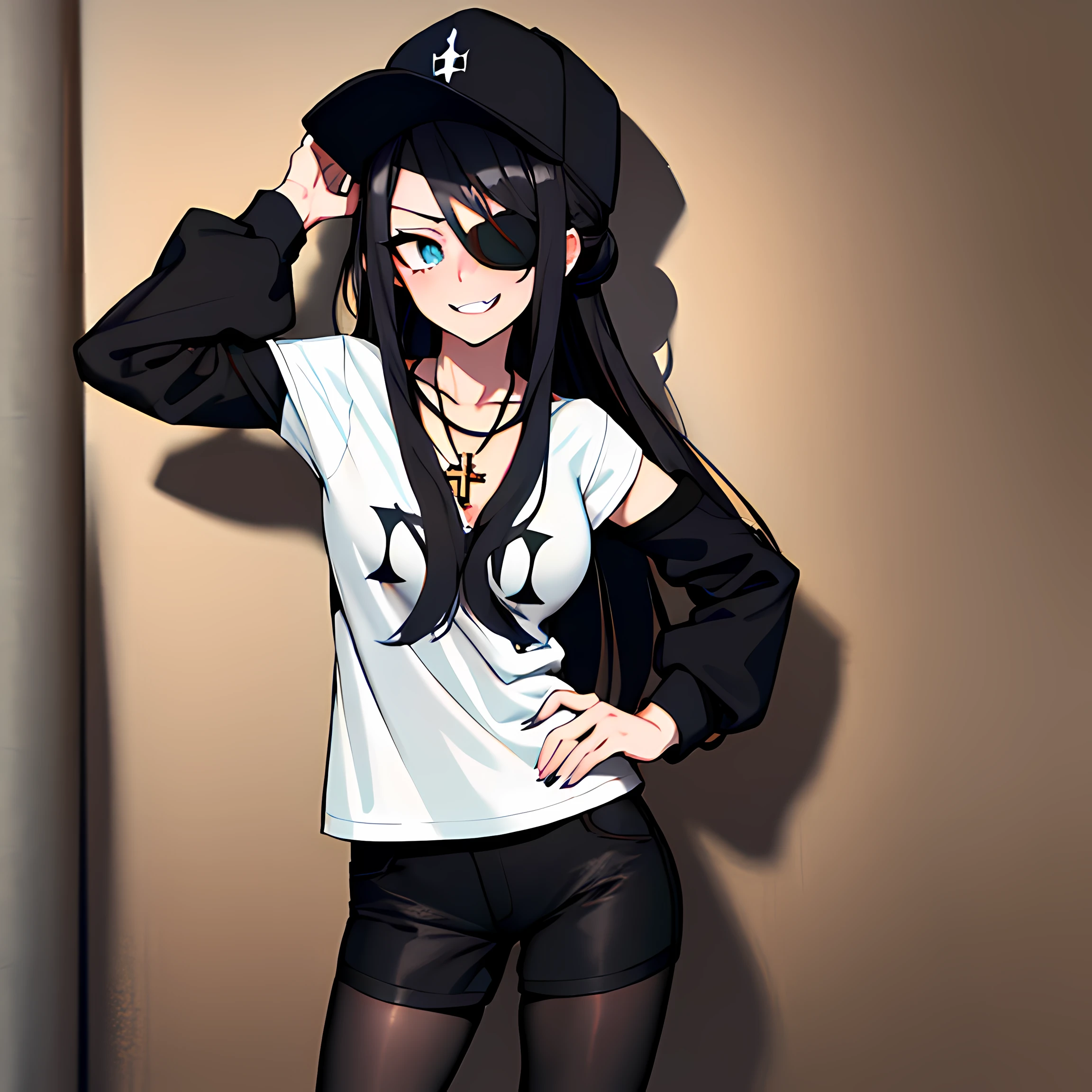 (absurdres, 8k, 4k, masterpiece, hyper extreme detailed:1.2), best quality, expressive eyes, highres, perfect eyes, 1girl, perfect face, perfect hands, Long Hair, Black hair, braided buns, buns in hair, large bust, crazy face, crazy eyes, crazy smile, eyepatch, gothic, cross necklace, black shirt, streetwear, pantyhose, baseball cap, curious, half body, street clothing, graphic t-shirt, standing, leaning against wall, gothic, pale skin, absurdquality, shocked, concerned, confused, head tilt, cowboy_shot, shorts, short shirt, fang tooth, black eyepatch, smile, black pantyhose, wall background, mature, adult, black sleeves,