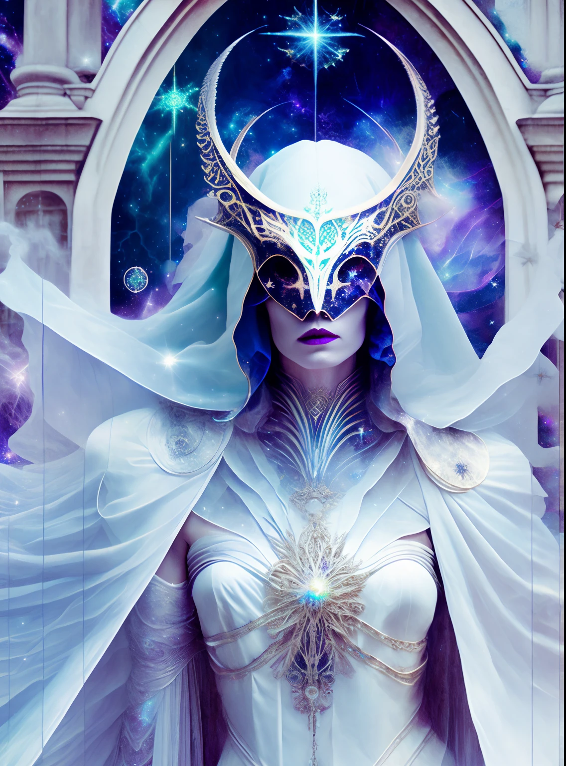 a stern Eldritch ancient god in the storm at night, draped in cloak of stars, [[Sophia Anne Caruso]], [Zendaya], translucent ivory masquerade mask of Eldritch horror, erotic pose, closed eyes, cinematic lighting, (by (Daniel Mernagh) (Carne Griffiths) Monika Nowak), highly detailed, detailed face, soft body, alien