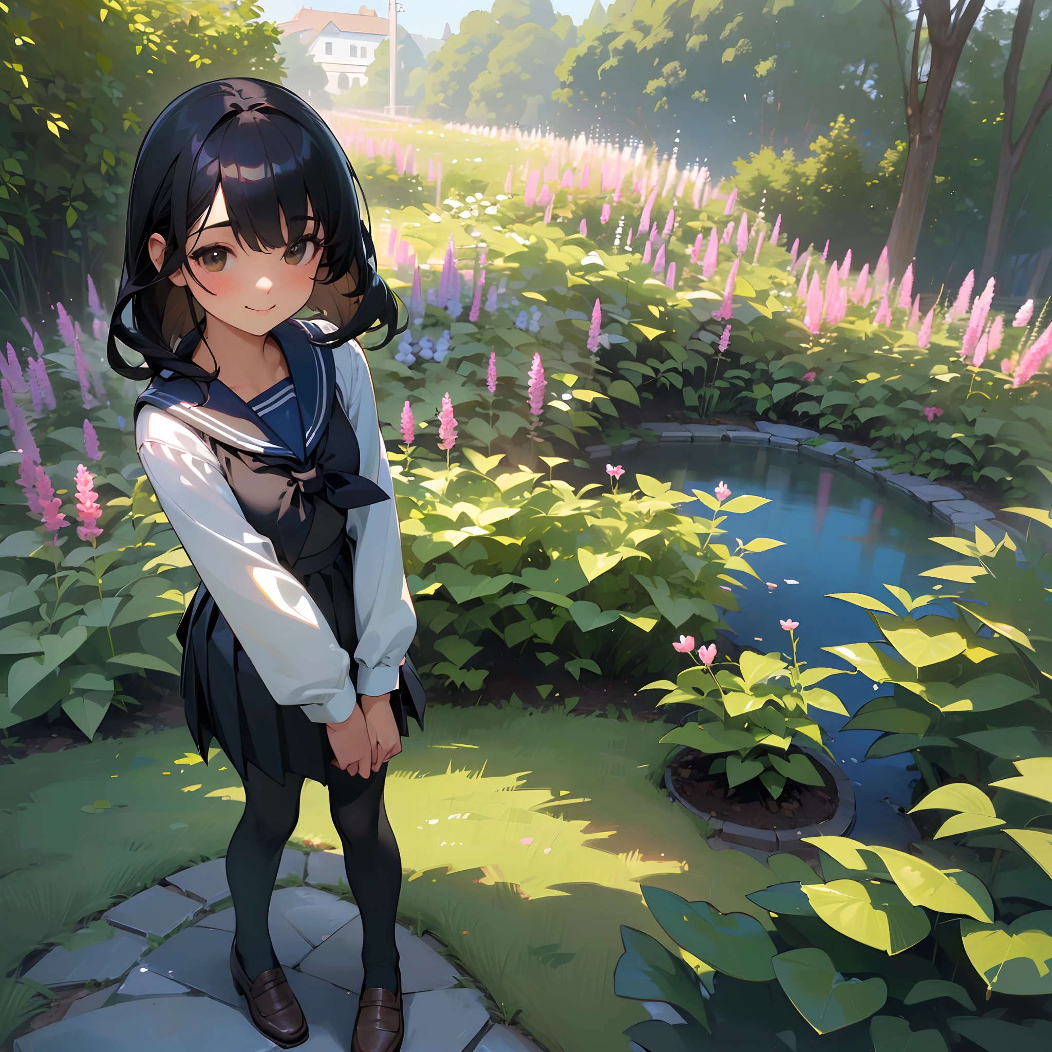 (Best Quality, hight resolution, Ultra-detailed, Realistic:1.37), peaceful ambiance, (plein air, garden), Teenage girl standing alone, Beautiful detailed features, Cute smile, ((Black bob hair)),Navy blue sailor suit, Pleated skirt,Black tights,Brown leather shoes.