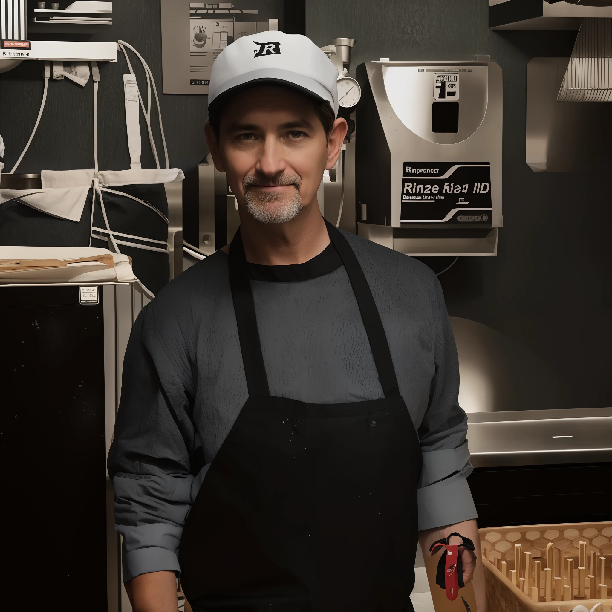 there is a man standing in a kitchen with a black apron, taken in the early 2020s, wearing rr diner uniform, by Steve Brodner, full body photo of steve, by Pat Adams, by Dan Frazier, by Bernie D’Andrea, by Matt Cavotta, dennis velleneuve, by Meredith Dillman, standing in a restaurant