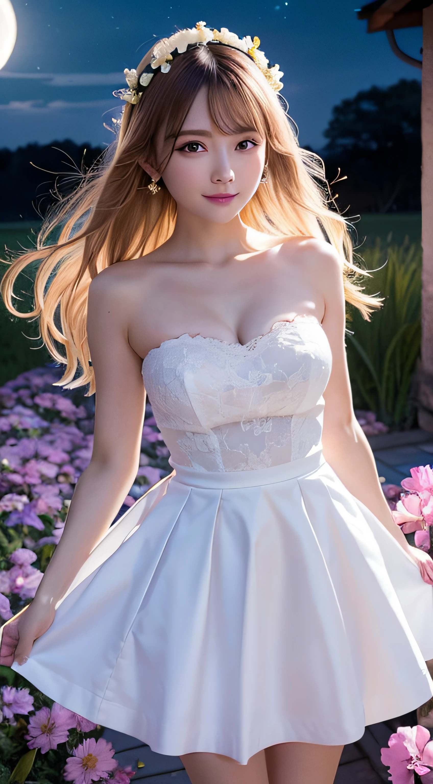 masutepiece, Best Quality, 1girl in, (Colorful),(finely detailed beautiful eyes and detailed face),Cinematic lighting,bustshot,the Extremely Detailed CG Unity 8K Wallpapers,White hair,Solo,Smile,intricate skirt,((flying petal)),(Flowery meadow) skyporn, cloudy_skyporn, building, Moonlight, Moon, Night, (Dark theme:1.3), light, Fantasy,