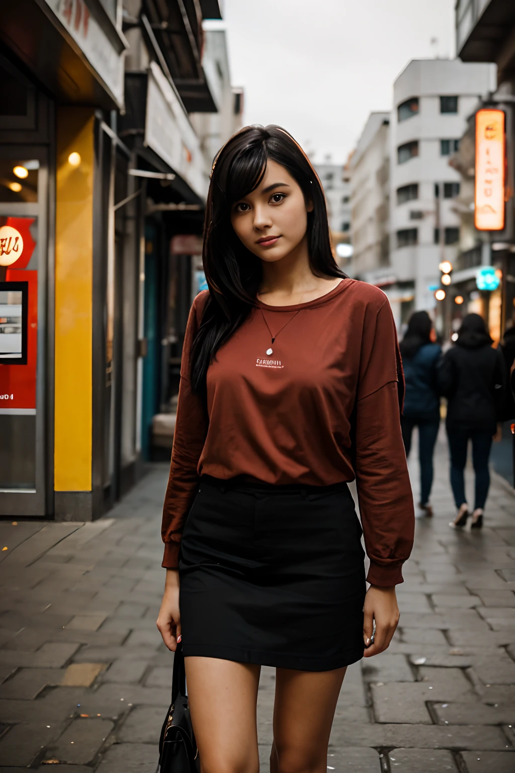 Tall girl with black hair with red-dyed highlights. Casual photography on the streets.