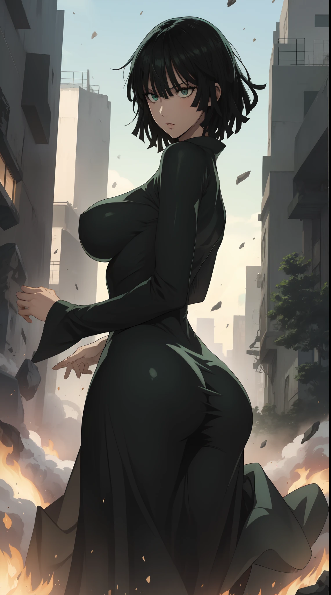 Anime art style, Fubuki from one punch man, green hair, white skin, wearing V-neck dress, standing on destroyed city, cinematic lights, blushing cheeks, big breast, big booty, NSFW, standing by spreading asd, back view.