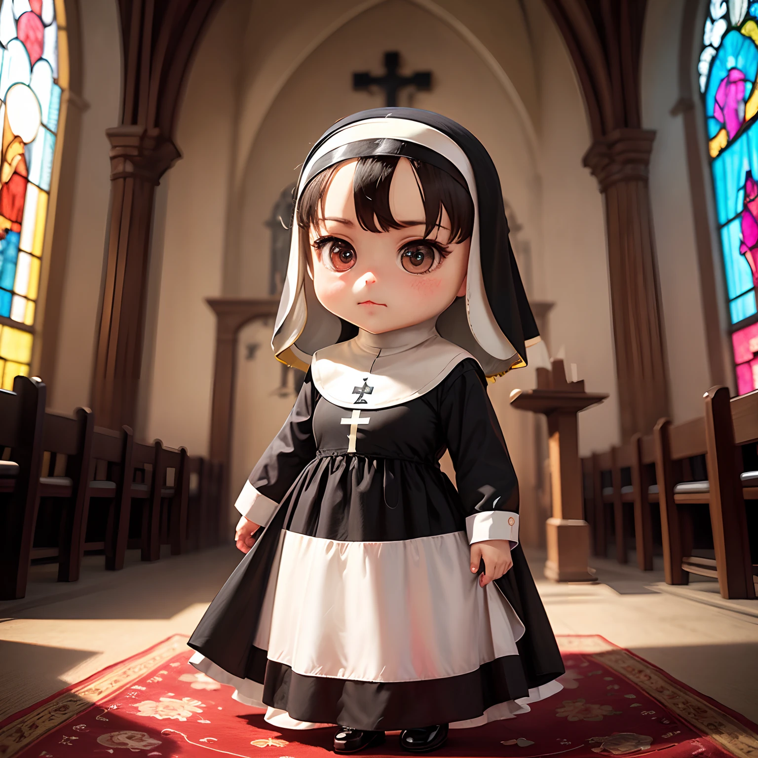 masterpiece、top-quality、ultra-detailliert、(Chibi-chara Nun:1.4)、独奏、inside a church、stain glass、doa、Stained Glass Carpet、Standing