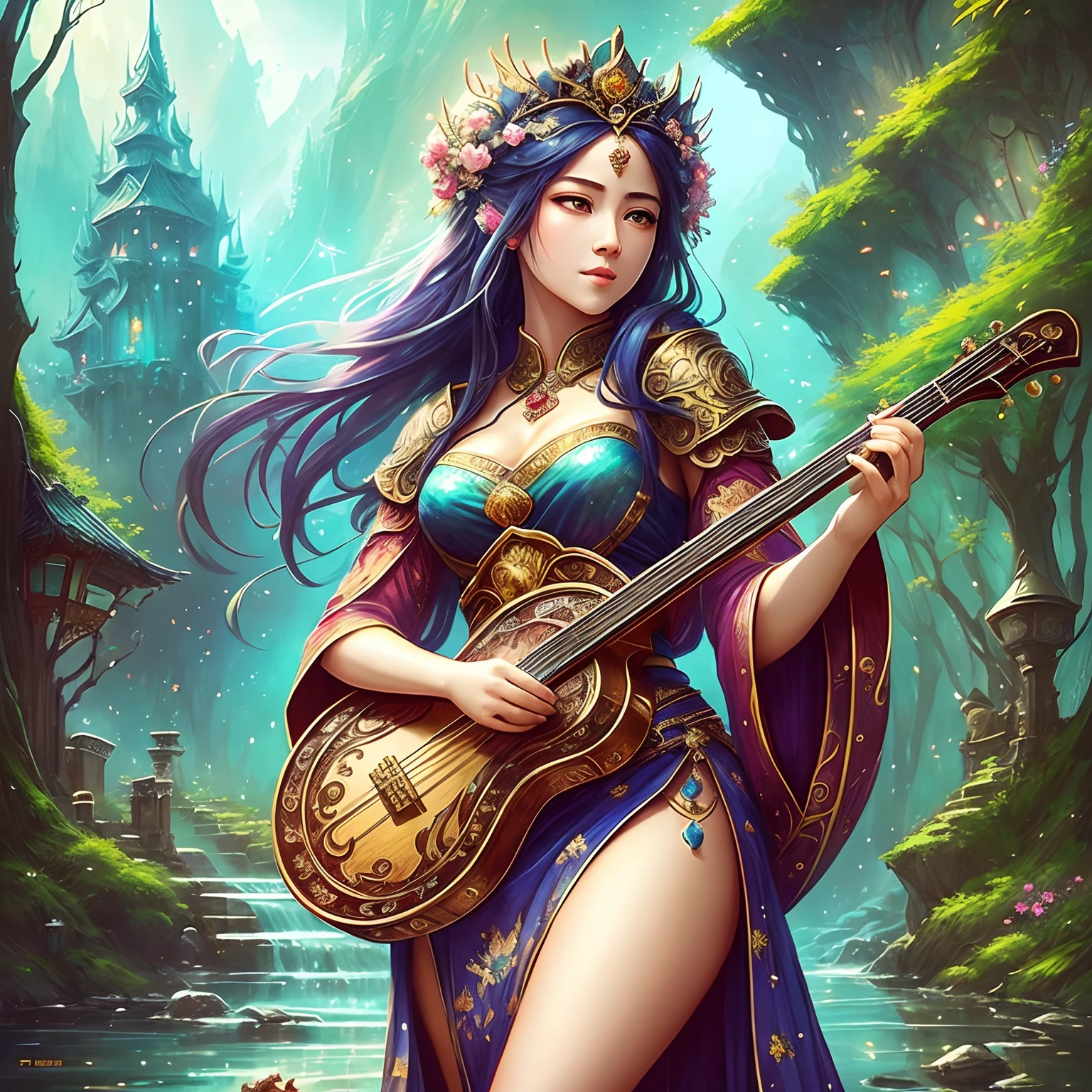 There is a woman in a dress standing outside, with a beautiful face and lush eyes, singing music, with a musical instrument, fantasy art style, Guweiz style art, beautiful fantasy maiden, ((a beautiful fantasy empress)), a beautiful fantasy empress, beautiful fantasy art portrait, fantasy style art, beautiful fantasy art, a creek in the background, and animals around