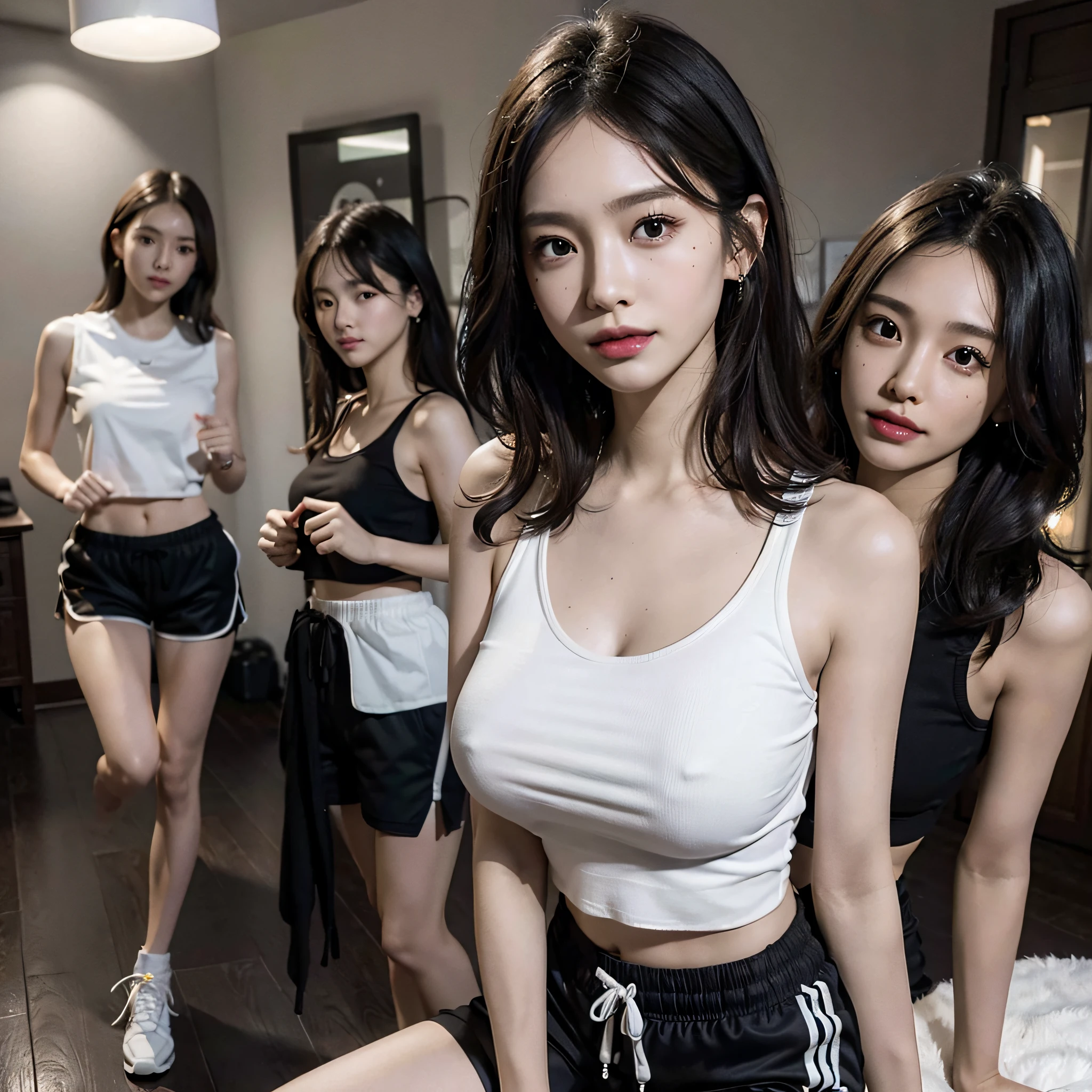 absurdres, RAW photo, extremely delicate and beautiful, masterpiece, Best Quality, ultra high resolution, 16k, hyperrealistic, ultra-detailed, Very detailed CG 8k wallpaper, Beautiful Lighting, Perfect Lightning, Realistic Shadows, perfect anatomy, super Detailed skin, perfect figure, Japanese woman, late 20s, very Slim body, narrow waist, very small head, handsome detailed woman, very detailed eyes and face, realistic face proportions, Stunning detailed eyes, Realistic beautiful face, very small face, Realistic small beautiful eyes, double eyelids, makeup, tearful mole, mole on chest, earring, bare legs, beautiful and very thin legs, beautiful and very thin thighs, (very huge round breasts:1.3), short hair, wavy hair, sweat, full body shot, (3 girls:1.5), sleeveless, bare arms, bare legs, tight-fitting, cropped T-shirt, workout wear, (running shorts:1.3),