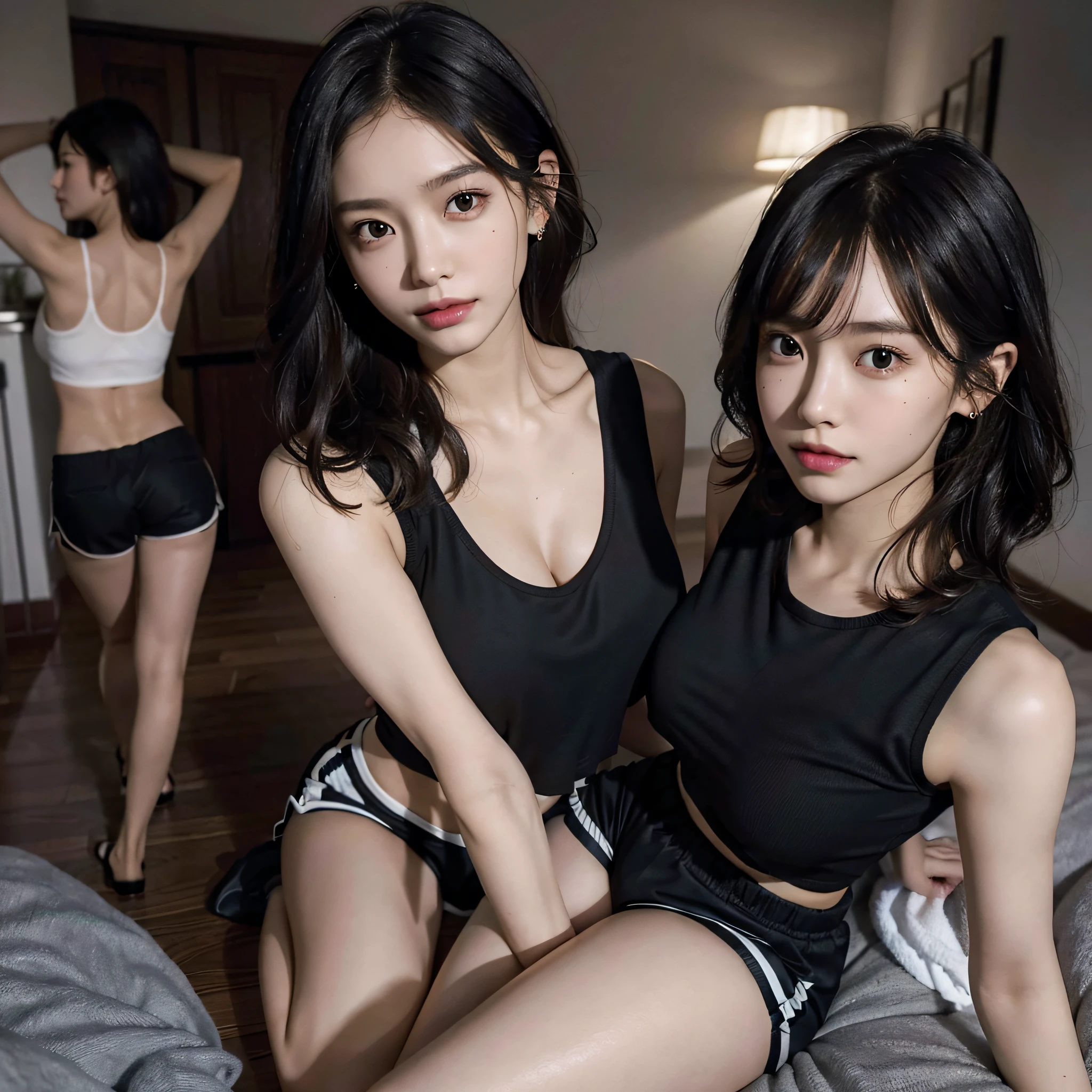 absurdres, RAW photo, extremely delicate and beautiful, masterpiece, Best Quality, ultra high resolution, 16k, hyperrealistic, ultra-detailed, Very detailed CG 8k wallpaper, Beautiful Lighting, Perfect Lightning, Realistic Shadows, perfect anatomy, super Detailed skin, perfect figure, Japanese woman, late 20s, very Slim body, narrow waist, very small head, handsome detailed woman, very detailed eyes and face, realistic face proportions, Stunning detailed eyes, Realistic beautiful face, very small face, Realistic small beautiful eyes, double eyelids, makeup, tearful mole, mole on chest, earring, bare legs, beautiful and very thin legs, beautiful and very thin thighs, (very huge round breasts:1.3), short hair, wavy hair, sweat, full body shot, (3 girls:1.5), sleeveless, bare arms, bare legs, tight-fitting, cropped T-shirt, workout wear, (running shorts:1.3),