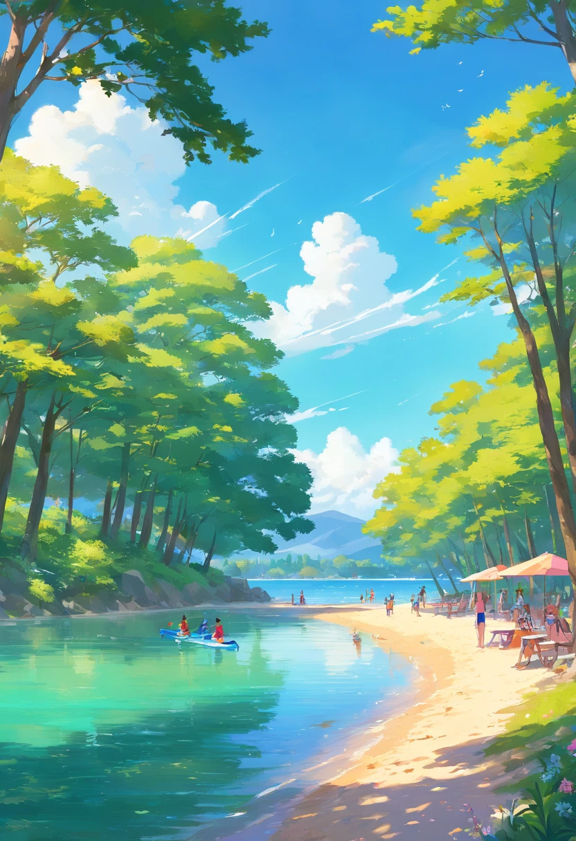 The image shows an outdoor scenery on a sunny summer day. The sky is completely clear and blue, No clouds in sight. No centro da imagem, There is a large serene lake with crystal clear water that reflects the blue sky, criando um espelho perfeito. by the lake, There is a strip of soft golden sand, Where some people are scattered, relaxando em toalhas de praia coloridas.
To the left of the image, There is a row of tall trees with vibrant green leaves, Creating a soft shade in the beach area. The trees are surrounded by flowering shrubs in shades of pink and purple, que contrastam lindamente com o verde das folhas. A gravel path winds through the trees, leading to a small picnic area with wooden tables and chairs.
to the right of the image, We see a group of people doing water sports on the lake. Some are swimming, others are in colorful kayaks and still others are doing stand-up paddleboarding. Their bright swimsuits and reflections in the lake create a vivid contrast to the natural surroundings.
Na margem oposta do lago, There is a chain of majestic mountains that rise against the blue sky. Its peaks are covered with snow and there are waterfalls that flow from the rocky slopes.