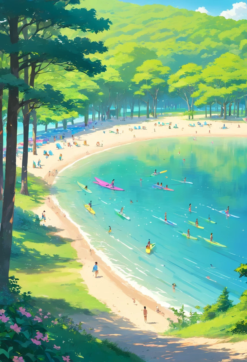 The image shows an outdoor scenery on a sunny summer day. The sky is completely clear and blue, No clouds in sight. No centro da imagem, There is a large serene lake with crystal clear water that reflects the blue sky, criando um espelho perfeito. by the lake, There is a strip of soft golden sand, Where some people are scattered, relaxando em toalhas de praia coloridas.

To the left of the image, There is a row of tall trees with vibrant green leaves, Creating a soft shade in the beach area. The trees are surrounded by flowering shrubs in shades of pink and purple, que contrastam lindamente com o verde das folhas. A gravel path winds through the trees, leading to a small picnic area with wooden tables and chairs.

to the right of the image, We see a group of people doing water sports on the lake. Some are swimming, others are in colorful kayaks and still others are doing stand-up paddleboarding. Their bright swimsuits and reflections in the lake create a vivid contrast to the natural surroundings.

Na margem oposta do lago, There is a chain of majestic mountains that rise against the blue sky. Its peaks are covered with snow and there are waterfalls that flow from the rocky slopes.