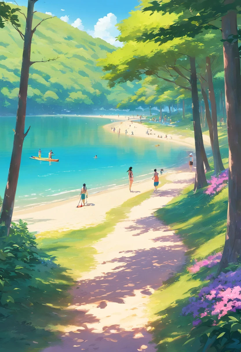 The image shows an outdoor scenery on a sunny summer day. The sky is completely clear and blue, No clouds in sight. No centro da imagem, There is a large serene lake with crystal clear water that reflects the blue sky, criando um espelho perfeito. by the lake, There is a strip of soft golden sand, Where some people are scattered, relaxando em toalhas de praia coloridas.

To the left of the image, There is a row of tall trees with vibrant green leaves, Creating a soft shade in the beach area. The trees are surrounded by flowering shrubs in shades of pink and purple, que contrastam lindamente com o verde das folhas. A gravel path winds through the trees, leading to a small picnic area with wooden tables and chairs.

to the right of the image, We see a group of people doing water sports on the lake. Some are swimming, others are in colorful kayaks and still others are doing stand-up paddleboarding. Their bright swimsuits and reflections in the lake create a vivid contrast to the natural surroundings.

Na margem oposta do lago, There is a chain of majestic mountains that rise against the blue sky. Its peaks are covered with snow and there are waterfalls that flow from the rocky slopes.