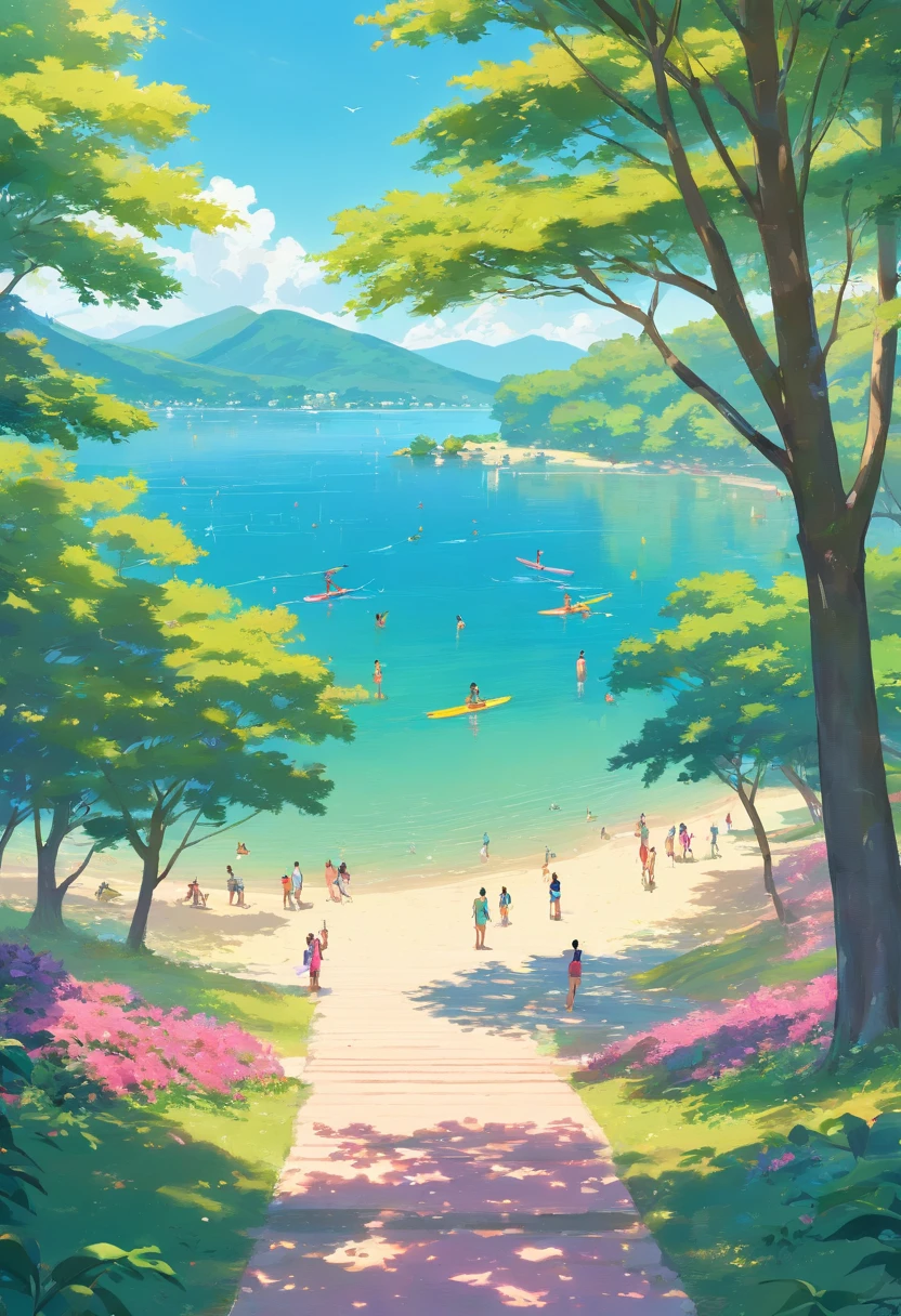 The image shows an outdoor scenery on a sunny summer day. The sky is completely clear and blue, No clouds in sight. No centro da imagem, There is a large serene lake with crystal clear water that reflects the blue sky, criando um espelho perfeito. by the lake, There is a strip of soft golden sand, Where some people are scattered, relaxando em toalhas de praia coloridas.

To the left of the image, There is a row of tall trees with vibrant green leaves, Creating a soft shade in the beach area. The trees are surrounded by flowering shrubs in shades of pink and purple, que contrastam lindamente com o verde das folhas. A gravel path winds through the trees, leading to a small picnic area with wooden tables and chairs.

to the right of the image, We see a group of people doing water sports on the lake. Some are swimming, others are in colorful kayaks and still others are doing stand-up paddleboarding. Their bright swimsuits and reflections in the lake create a vivid contrast to the natural surroundings.

Na margem oposta do lago, There is a chain of majestic mountains that rise against the blue sky. Its peaks are covered with snow and there are waterfalls that flow from the rocky slopes.
