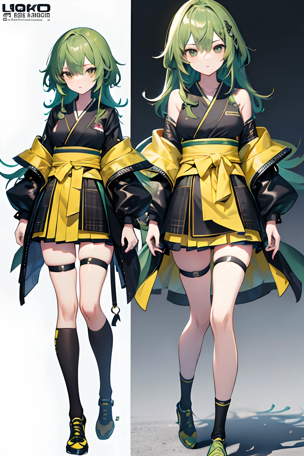 Illustration, UHD, retina, masterpiece, accurate, anatomically correct, super detail, high details, high quality, award winning, best quality, highres, good anatomy, 1080P, HD, 4K, 8k, 16k, 1girl, dynamic pose, androgynous, full body, detailed eyes, detailed clothes, detailed hair, rendering, strands of hair, cute waifu, medium length hair, bangs, spiky hair, locks, green hair, black eyes, wearing a yellow kimono, wearing a black mini skirt, black thigh highs, full body, panels