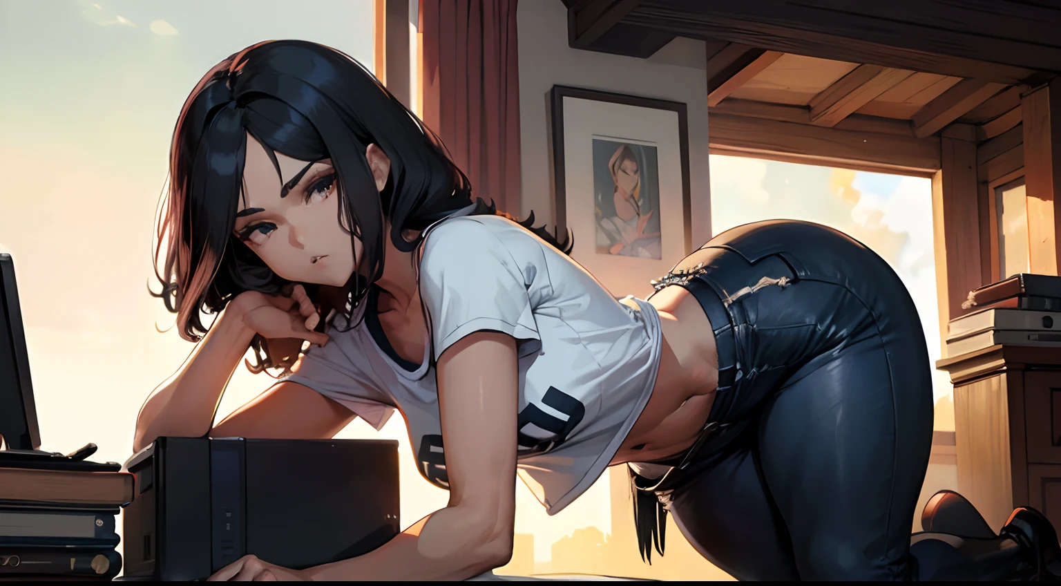 ((Melhor qualidade)), ((obra-prima)), (detalhado: 1.4), mulher bonita, Asian, camiseta curta sem manga preta, black lag pants, cabelo curto preto com mechas vermelhas, ink, (solo), realista,((obra-prima)), (melhor qualidade), (detalhado), (1 menina), seios grandes, wallpapers, HD, 8K