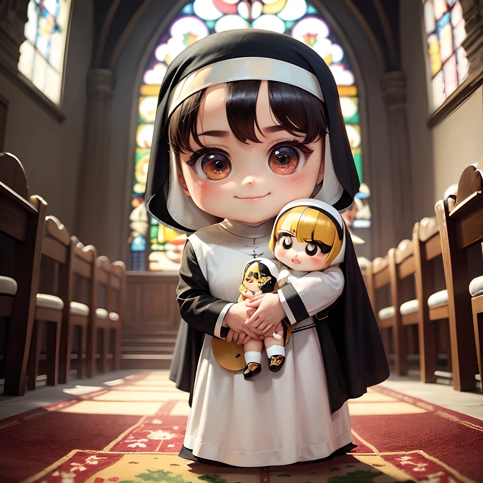 masterpiece、top-quality、ultra-detailliert、(Chibi-chara Nun:1.4)、独奏、inside a church、stain glass、a smile、Stained Glass Carpet、Standing