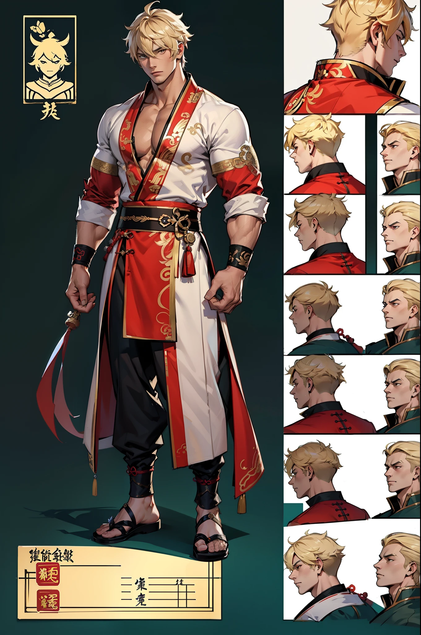 ((Masterpiece, Highest quality)), Detailed face, character design sheet,full body esbian, Full of details, frontal body view, back body view, Highly detailed, Depth, Many parts, Muscle boy with blonde hair,handsome man, Traditional chinese clothes, Genshin Impact, man tall, pectoral muscles, abs