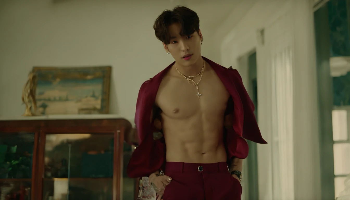 Jungkook shirtless and pants showing his