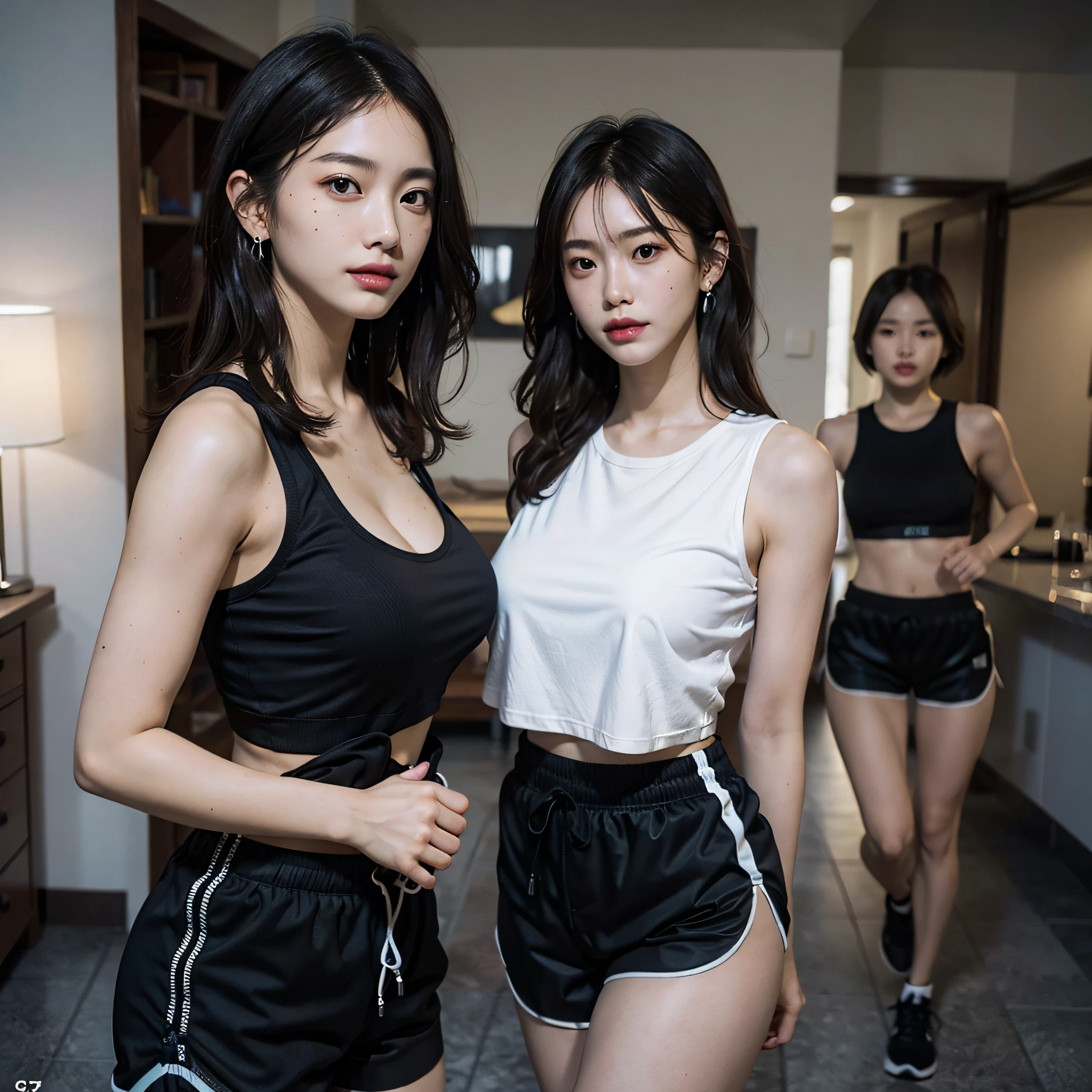 absurdres, RAW photo, extremely delicate and beautiful, masterpiece, Best Quality, ultra high resolution, 16k, hyperrealistic, ultra-detailed, Very detailed CG 8k wallpaper, Beautiful Lighting, Perfect Lightning, Realistic Shadows, perfect anatomy, super Detailed skin, perfect figure, Japanese woman, late 20s, very Slim body, narrow waist, very small head, handsome detailed woman, very detailed eyes and face, realistic face proportions, Stunning detailed eyes, Realistic beautiful face, very small face, Realistic small beautiful eyes, double eyelids, makeup, tearful mole, mole on chest, earring, bare legs, beautiful and very thin legs, beautiful and very thin thighs, (very huge round breasts:1.3), short hair, wavy hair, sweat, full body shot, (3 girls:1.5), sleeveless, bare arms, bare legs, tight-fitting, cropped T-shirt, workout wear, (running shorts:1.3),