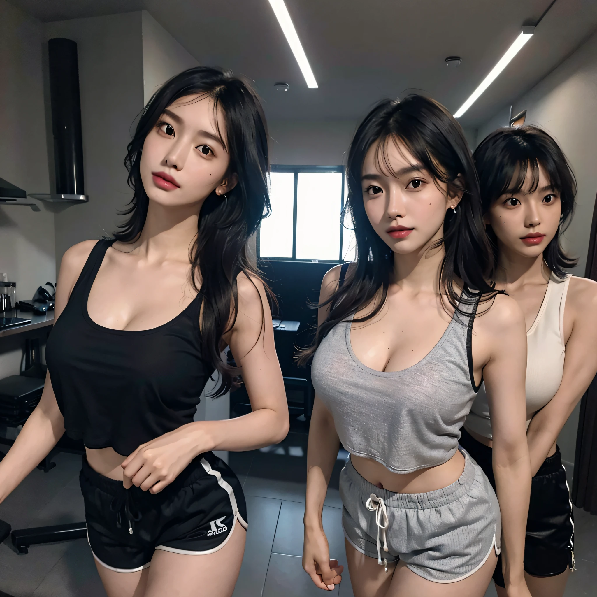 absurdres, RAW photo, extremely delicate and beautiful, masterpiece, Best Quality, ultra high resolution, 16k, hyperrealistic, ultra-detailed, Very detailed CG 8k wallpaper, Beautiful Lighting, Perfect Lightning, Realistic Shadows, perfect anatomy, super Detailed skin, perfect figure, Japanese woman, late 20s, very Slim body, narrow waist, very small head, handsome detailed woman, very detailed eyes and face, realistic face proportions, Stunning detailed eyes, Realistic beautiful face, very small face, Realistic small beautiful eyes, double eyelids, makeup, tearful mole, mole on chest, earring, bare legs, beautiful and very thin legs, beautiful and very thin thighs, (very huge round breasts:1.3), short hair, wavy hair, sweat, full body shot, (3 girls:1.5), sleeveless, bare arms, bare legs, tight-fitting, cropped T-shirt, workout wear, (running shorts:1.3),