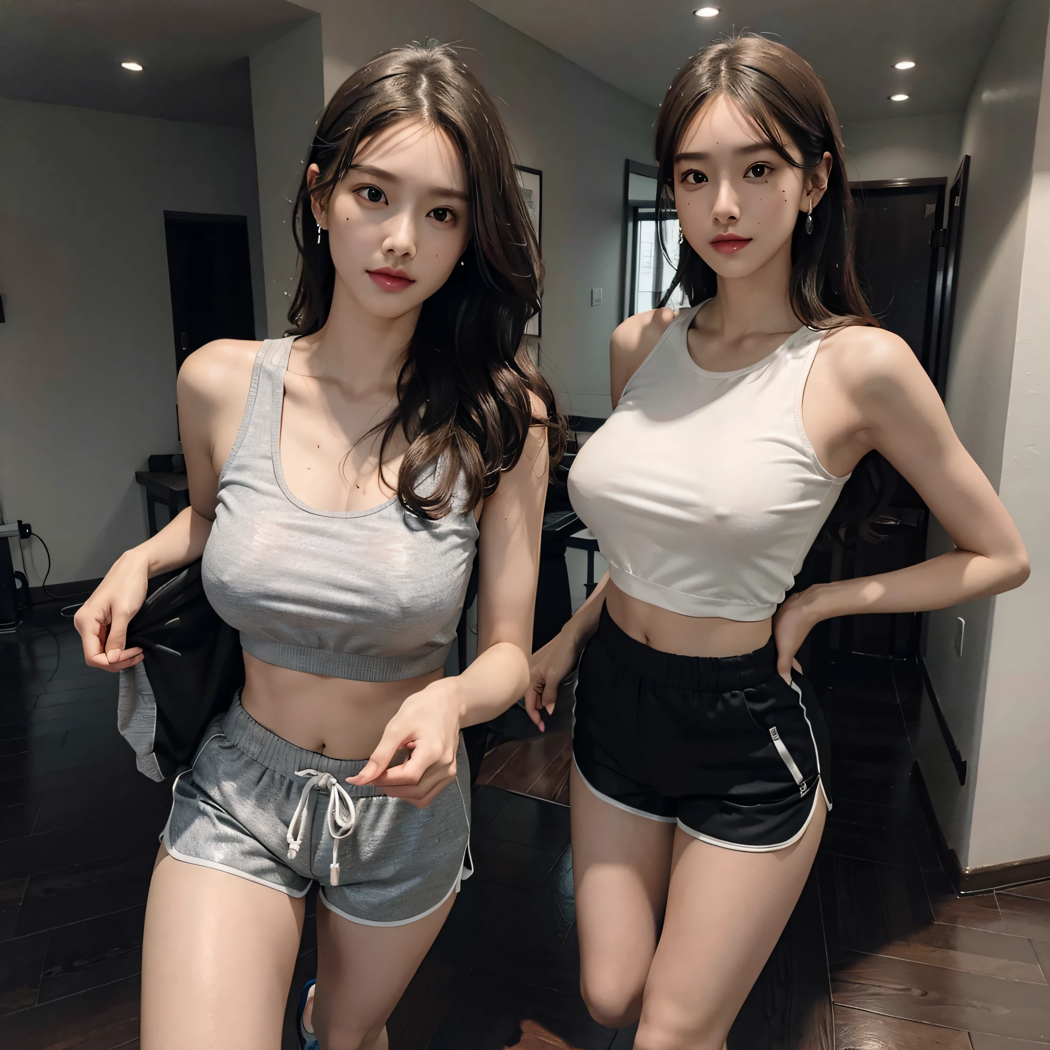 absurdres, RAW photo, extremely delicate and beautiful, masterpiece, Best Quality, ultra high resolution, 16k, hyperrealistic, ultra-detailed, Very detailed CG 8k wallpaper, Beautiful Lighting, Perfect Lightning, Realistic Shadows, perfect anatomy, super Detailed skin, perfect figure, Japanese woman, late 20s, very Slim body, narrow waist, very small head, handsome detailed woman, very detailed eyes and face, realistic face proportions, Stunning detailed eyes, Realistic beautiful face, very small face, Realistic small beautiful eyes, double eyelids, makeup, tearful mole, mole on chest, earring, bare legs, beautiful and very thin legs, beautiful and very thin thighs, (very huge round breasts:1.3), short hair, wavy hair, sweat, full body shot, (3 girls:1.5), sleeveless, bare arms, bare legs, tight-fitting, cropped T-shirt, workout wear, (running shorts:1.3),