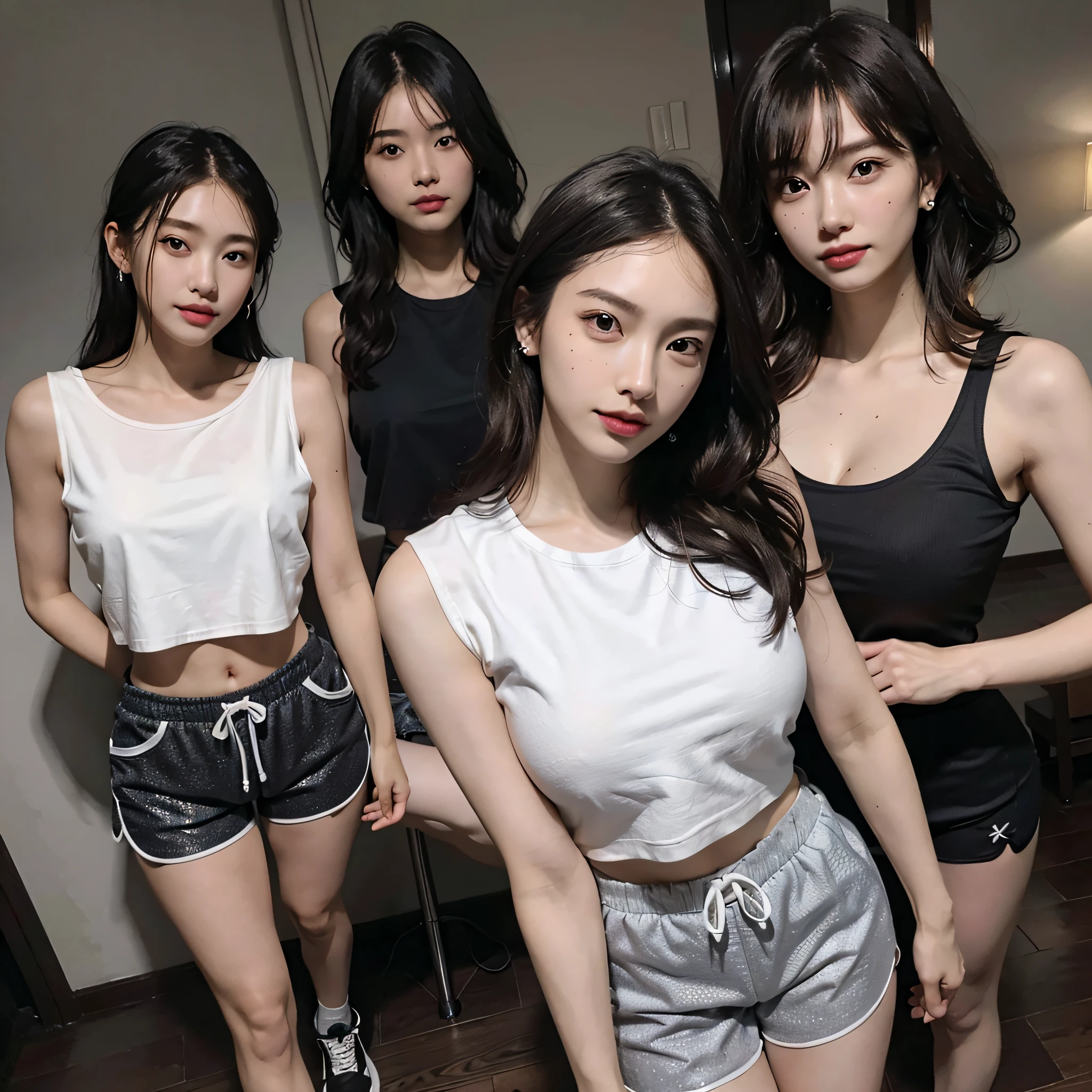 absurdres, RAW photo, extremely delicate and beautiful, masterpiece, Best Quality, ultra high resolution, 16k, hyperrealistic, ultra-detailed, Very detailed CG 8k wallpaper, Beautiful Lighting, Perfect Lightning, Realistic Shadows, perfect anatomy, super Detailed skin, perfect figure, Japanese woman, late 20s, very Slim body, narrow waist, very small head, handsome detailed woman, very detailed eyes and face, realistic face proportions, Stunning detailed eyes, Realistic beautiful face, very small face, Realistic small beautiful eyes, double eyelids, makeup, tearful mole, mole on chest, earring, bare legs, beautiful and very thin legs, beautiful and very thin thighs, (very huge round breasts:1.3), short hair, wavy hair, sweat, full body shot, (3 girls:1.5), sleeveless, bare arms, bare legs, tight-fitting, cropped T-shirt, workout wear, (running shorts:1.3),