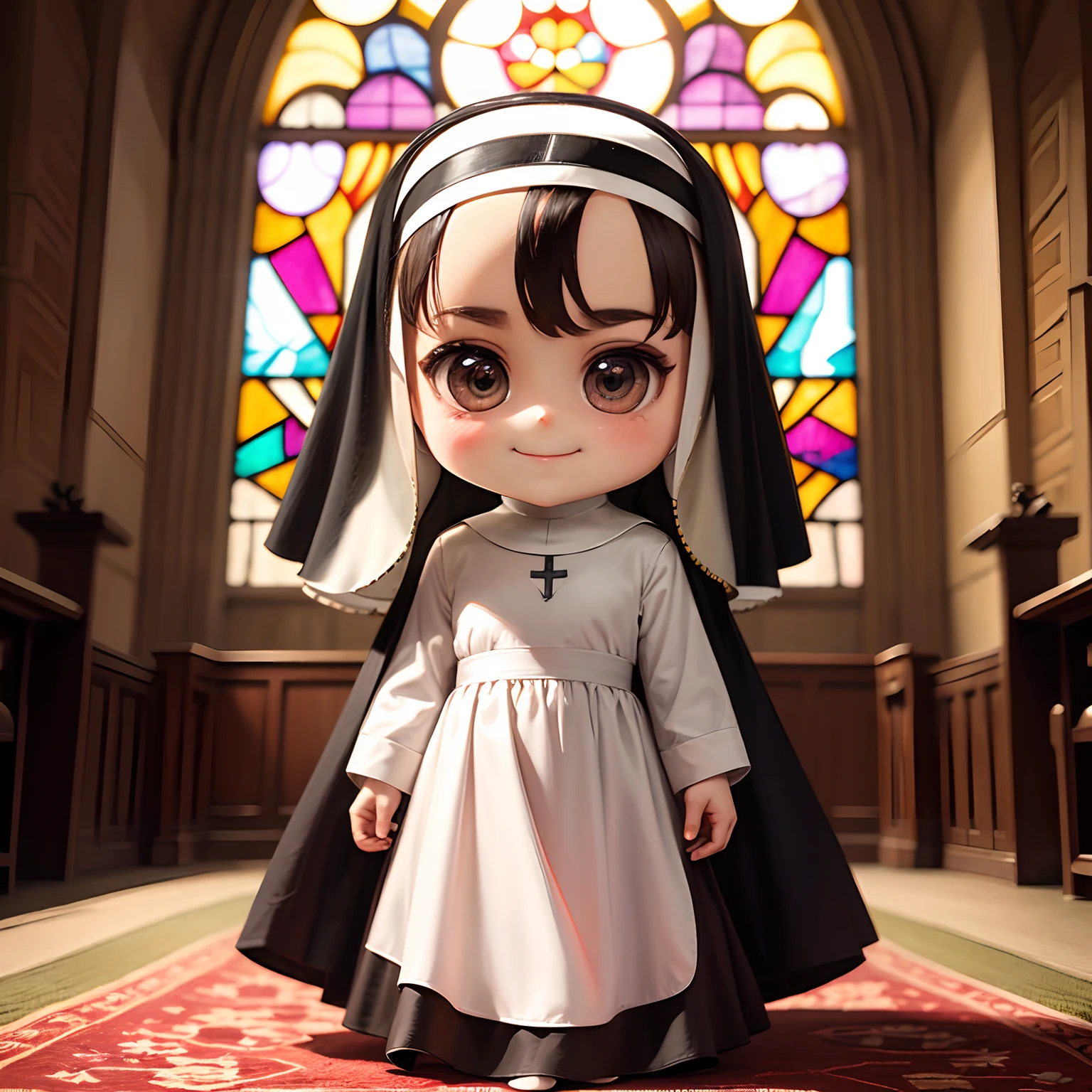 masterpiece、top-quality、ultra-detailliert、(Chibi-chara Nun:1.4)、独奏、inside a church、stain glass、A smile、Stained Glass Carpet、Standing