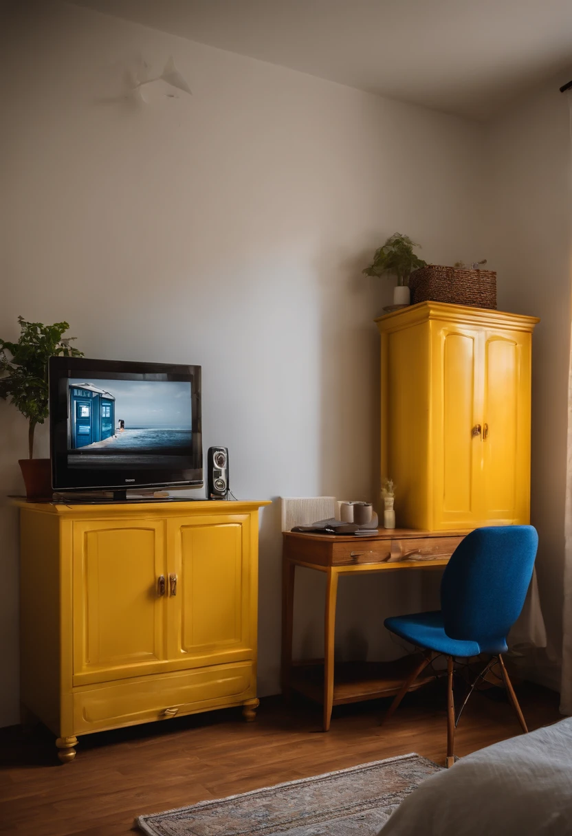 Quarto de dormir de 15 metros quadrados: His wall is all yellow. It has an air conditioner on the left, Two 10-square-meter windows on the left, 40-inch TV on top of a closet with blue doors on the left, computer on top of a white table on the right, Double bed in front of the TV near the windows, cadeira na frente do computador, Two white cabinets on the right, Closet with Catholic religious objects on top of it on the right side of the bed.