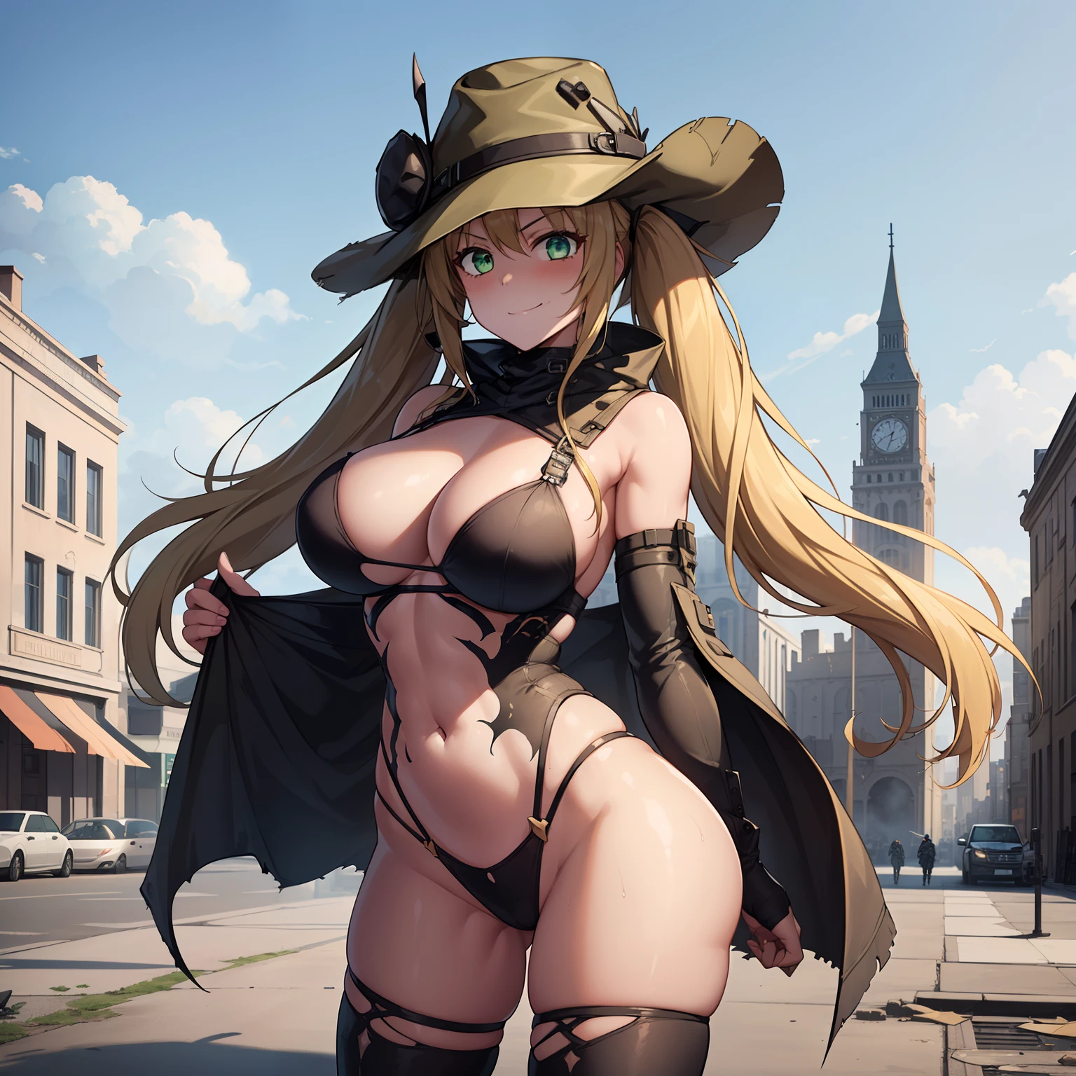 1girl,big breasts,standing in ruined city,(8k),scratches,detailed face,blond hair,green eyes,long hair,twintails,embarassed,small smile face,high_res, high_definition,the battlefield,Heroic pose,dark suit,mini cowboy hat,(symbiote spider man Custome:1.1),