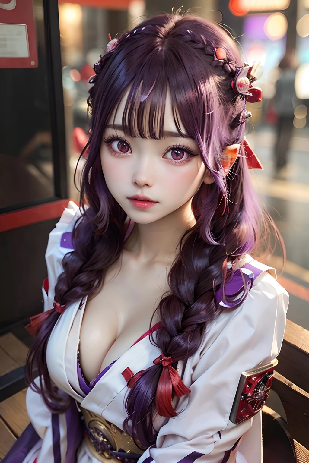 1Girl, Blunt bangs, Braid, wide sleeves, Hair ornaments, japanese clothes, red obi, (purple color hair:1.2), Very long hair, Straight hair, looking up at viewer, ultra-detailed background, (Photo Photorealistic:1.2), Detailed Eyes, red eyeshadow, Depth of field,thigh, (ulzzang-6500:0.7), upper half body, (Solo:1.2), (cyberpunk city:1.1), cleavage, (Fingers on the lips:1.1),sparkly skin