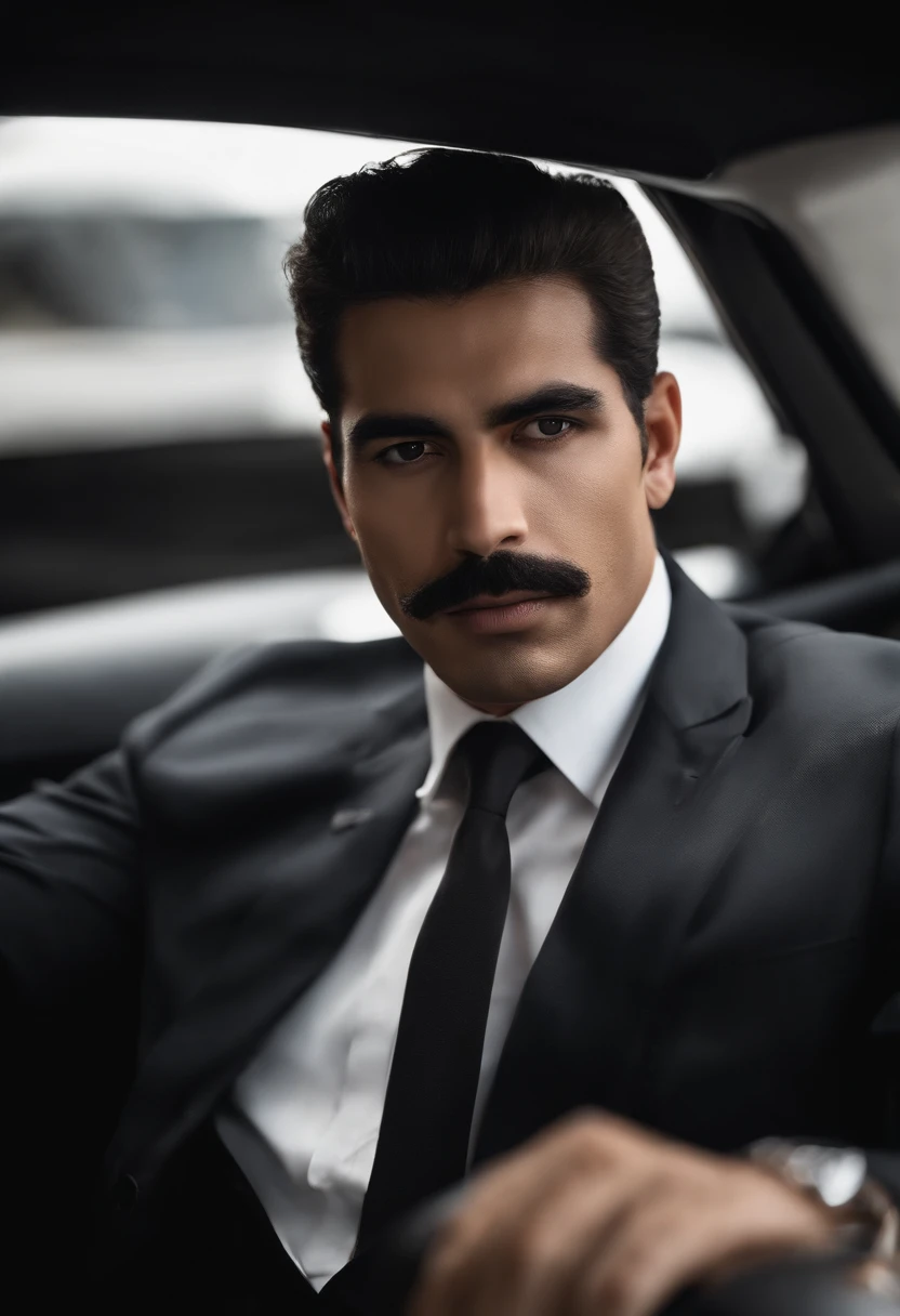 absurd resolution, high resolution, (master part: 1.4), hiperdetalhe, 1st grade, foco facial, Noite, homem maduro, pessoa de sucesso, Terno Preto, suit jacket, camisa branca, serious, cold expression, sentado em um carro de luxo (1.3)