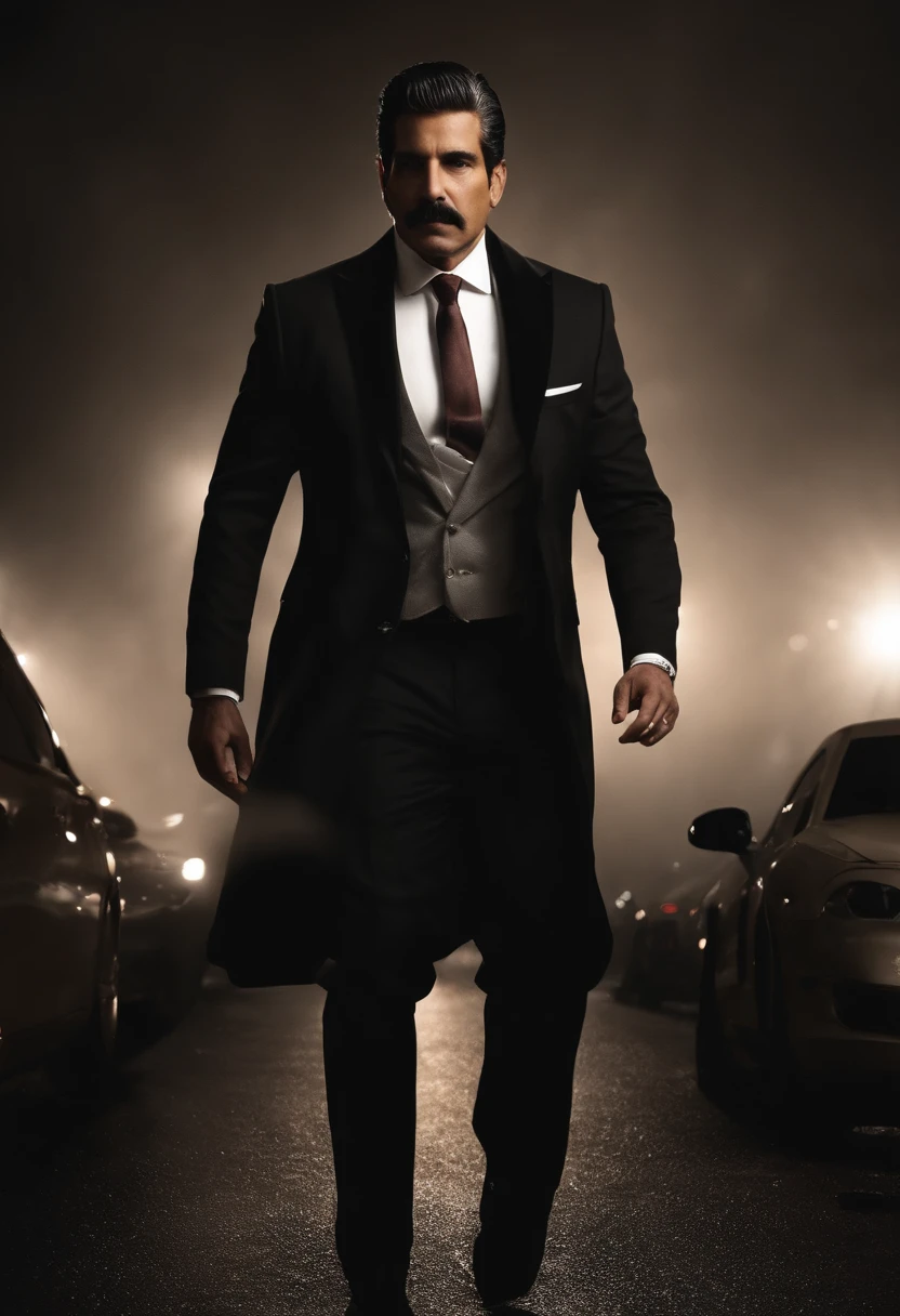 absurd resolution, high resolution, (master part: 1.4), hiperdetalhe, , foco facial, Noite, homem maduro, pessoa de sucesso, Terno Preto, suit jacket, camisa branca, serious, cold expression, sentado em um carro de luxo (1.3)