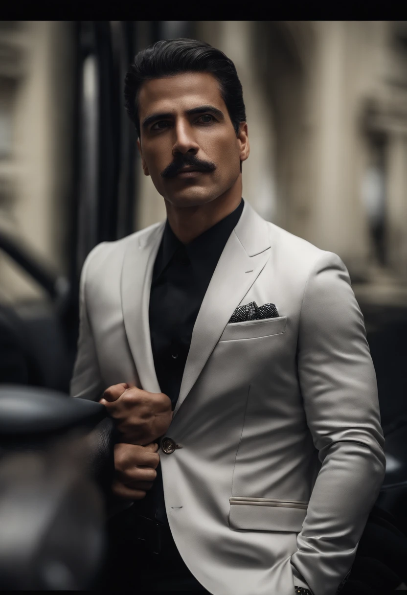 absurd resolution, high resolution, (master part: 1.4), hiperdetalhe, 1st grade, foco facial, Noite, homem maduro, pessoa de sucesso, Terno Preto, suit jacket, camisa branca, serious, cold expression, sentado em um carro de luxo (1.3)