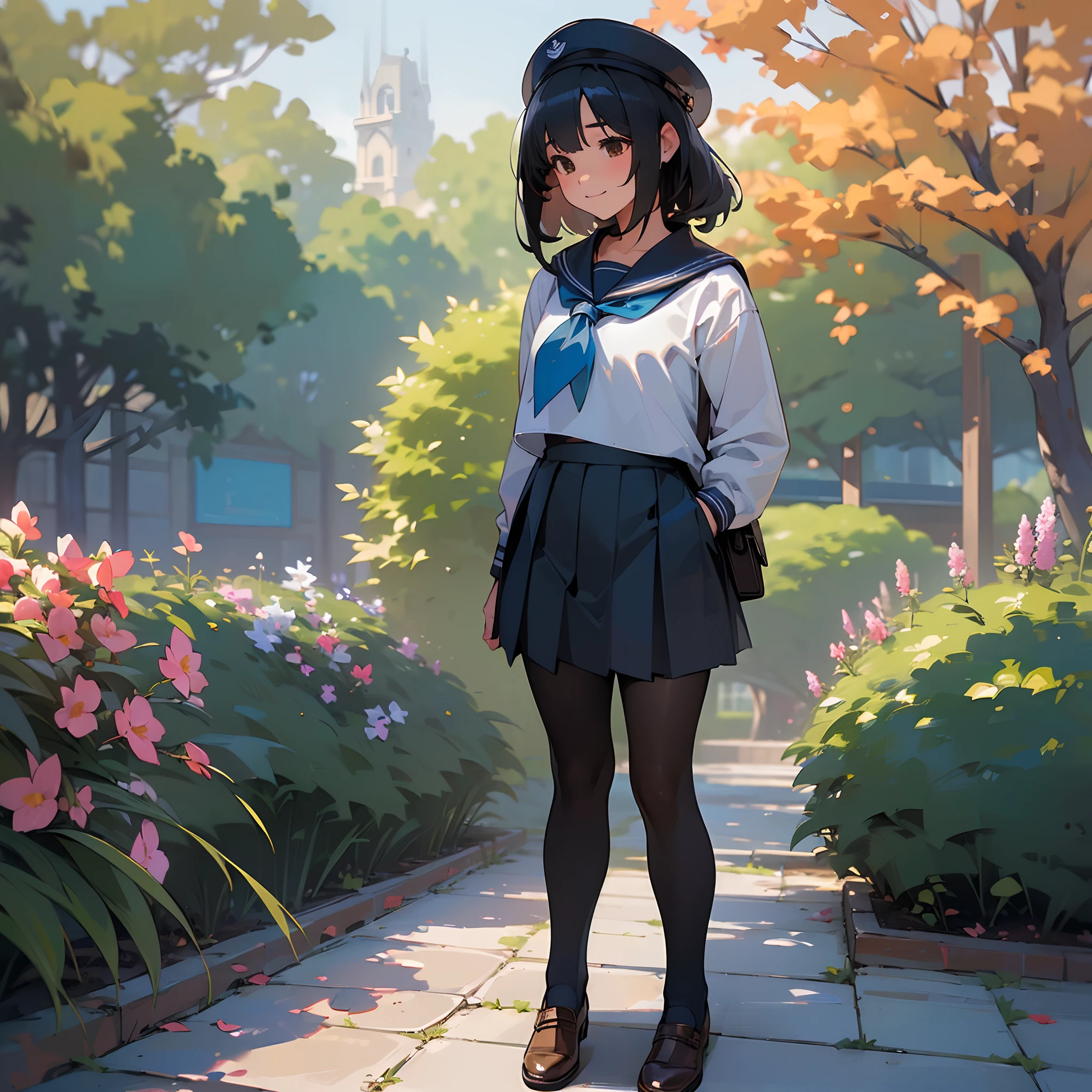 (Best Quality, hight resolution, Ultra-detailed, Realistic:1.37), peaceful ambiance, (plein air, garden), age girl standing alone, Beautiful detailed features, Cute smile, ((Black bob hair)),Navy blue sailor suit, Pleated skirt,Black tights,Brown leather shoes.