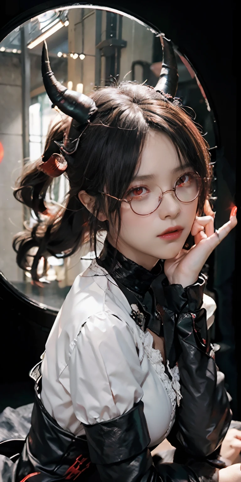 Fine、(The best illustrations)、8K resolution、intricate-detail、top-quality、realisitic、ultra-detailliert、The best lighting、Best Shadows、Ulutra HD、A Necromancer、natta、magia、Dark style、Succubus、Devil's Daughter、Bat Wings，(((Demon Horns)))、(red eyes glowing:1.6)、((((black-rimmed round glasses))))、​masterpiece、high_res、beautiful countenance、Tindall Effect、photos realistic、(High Detail Skins:1.2)、8KUHD、Digital SLR、hightquality、a picture、hight resolution、 absurderes、Ponytail distortion、best ratio four finger and one thumb、top-quality、​masterpiece、Hi-Res、女の子1人、hair adornments、a necklace、jewely、Beautiful expression、Body Up、Large breasts emphasis、Toned waist、Wide buttocks、Tindall Effect、Photorealsitic、Dark Studio、Rim lighting、Two-tone lighting、(High Detail Skins:1.2)、8K UHD、Digital SLR、Soft lighting、hightquality、volume illumination、Frankness、a picture、hight resolution、4K、8K、Bokeh、tentaculata、Clinging tentacles、