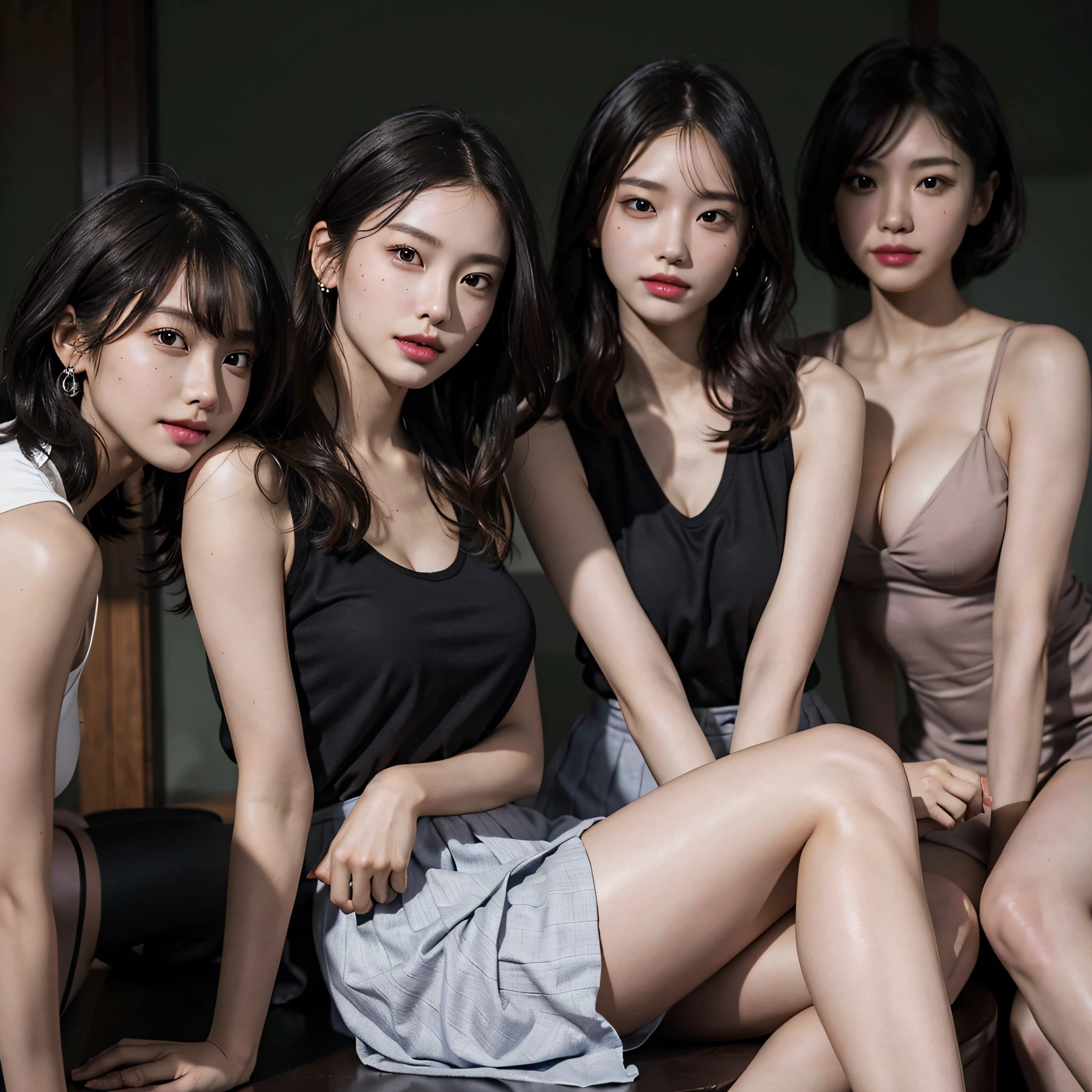 absurdres, RAW photo, extremely delicate and beautiful, masterpiece, Best Quality, ultra high resolution, 16k, hyperrealistic, ultra-detailed, Very detailed CG 8k wallpaper, Beautiful Lighting, Perfect Lightning, Realistic Shadows, perfect anatomy, super Detailed skin, perfect figure, Japanese woman, late 20s, very Slim body, narrow waist, very small head, handsome detailed woman, very detailed eyes and face, realistic face proportions, Stunning detailed eyes, Realistic beautiful face, very small face, Realistic small beautiful eyes, double eyelids, makeup, tearful mole, mole on chest, earring, bare legs, beautiful and very thin legs, beautiful and very thin thighs, (very huge round breasts:1.3), short hair, wavy hair, sweat, full body shot, (3 girls:1.5), sleeveless, bare arms, bare legs, tight-fitting, (School uniform),