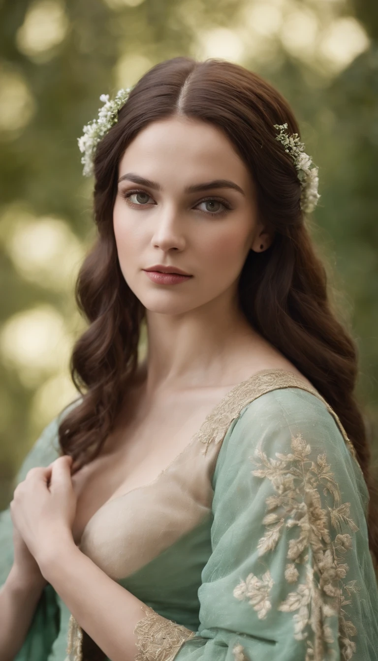 russa, loira, cabelos longos e transados, em minissaia em uma poltrona verde, No estilo medieval, curvas arrojadas, Branco claro, parte superior do corpo mais exposto e grandes seios