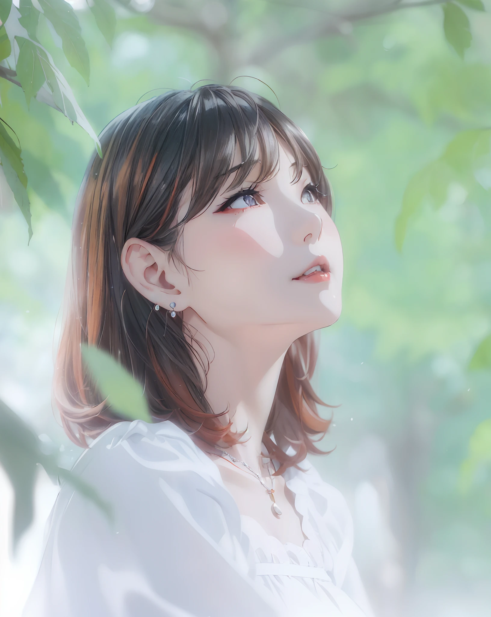 1 beautiful Korean girl, with beautiful eyes, sharp nose, slightly smiling red lips, clean, bright skin, short orange hair, wearing a white dress, white round earrings, silver necklace accessories, facing to the side