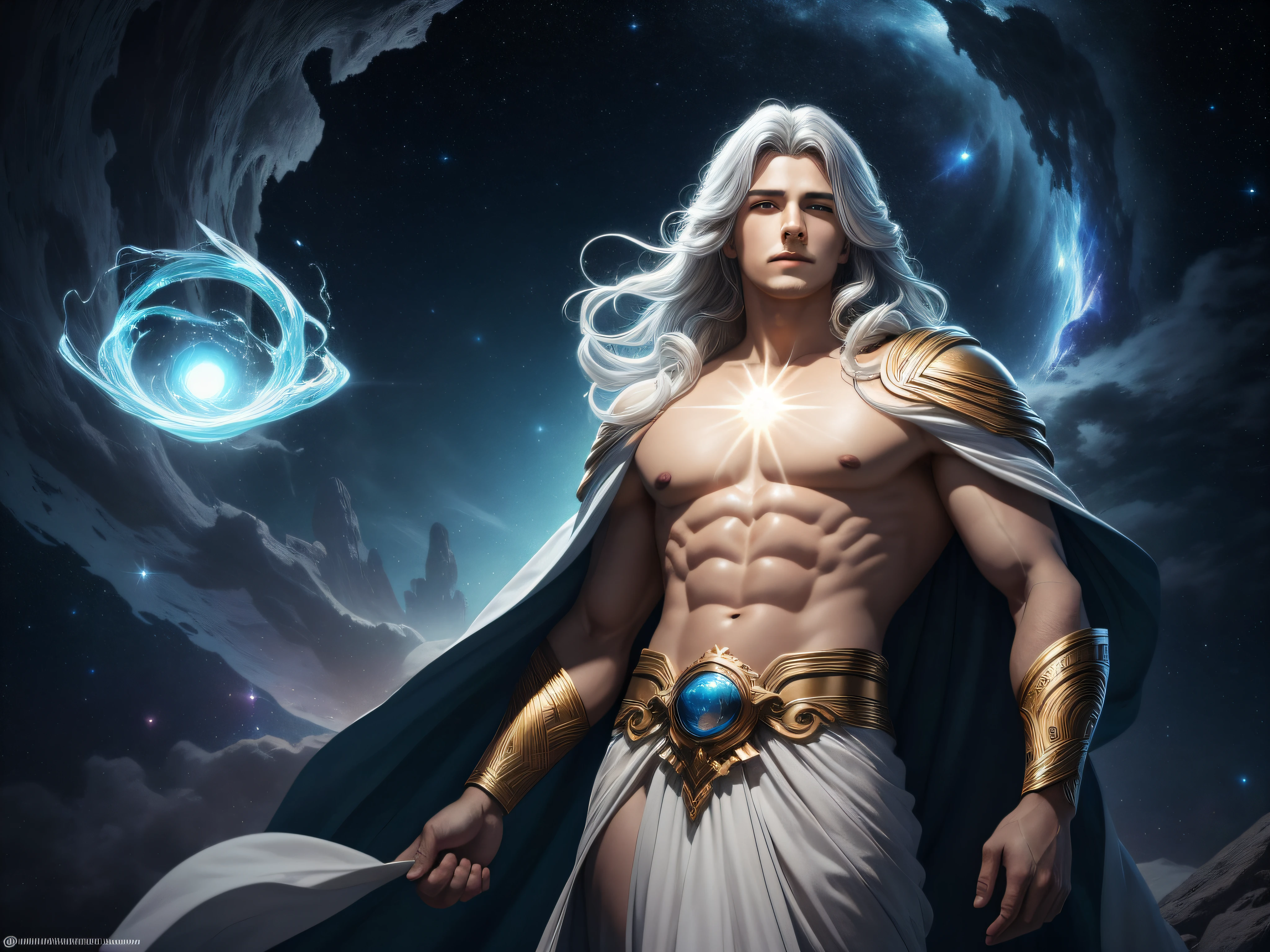 Aether, the Primordial God of Greek mythology, stands majestically in the firmament, his ethereal and luminous body flowing in celestial forms, an amalgamation of energy and matter. His chest radiates a golden light, revealing the very essence of the cosmos. His skin glows with a soft silver glow, as if woven from stars. His eyes, deep and sparkling, reflect the vastness of the universe, his gaze transcends the boundaries of time. Lips barely outlined in a wise smile. His hair flows in ethereal waves of intense blue, like the rivers of space, framing a face of divine serenity. He wears a robe woven of nebulae, which wraps around his ever-changing figure. In his hands he holds a scepter of light, symbol of his dominion over the heavenly realms. Around him, the vastness of the cosmos unfolds in a symphony of stars and planets, creating an epic and transcendental setting that exalts his primordial divinity. cinematic, ethereal world, Ultra-HD, HDR10, 8K,  octane, intricate details