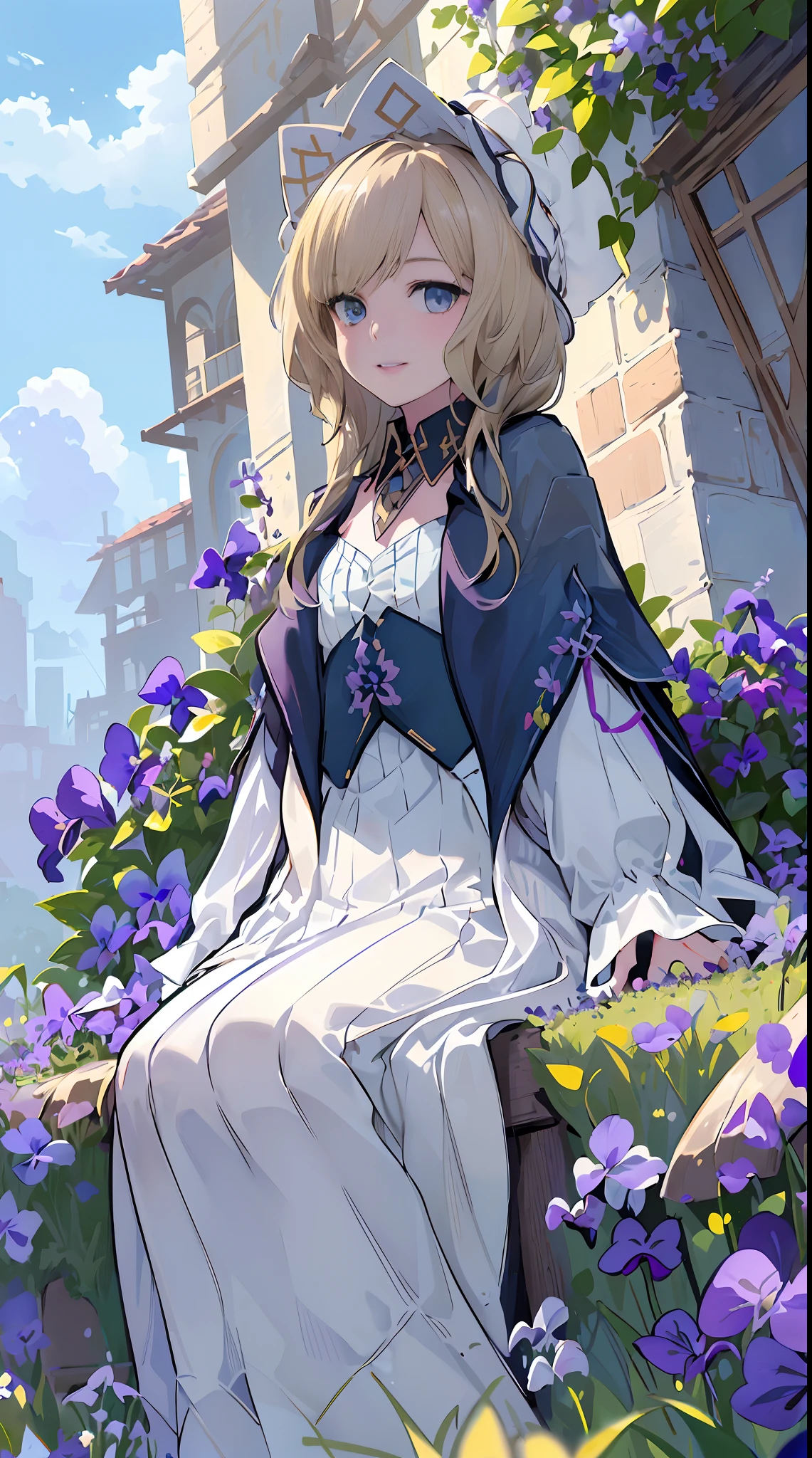 1girll, (((cabellos largos dorados))), (((blue color eyes))),Light smile, Hat,(((Sitting))),Outdoors,(((blue clear skies))),(((Violets grow on the grass next to it))),((((Anne Hathaway)))),(((white stockings))),(((Wear blue high heels)))