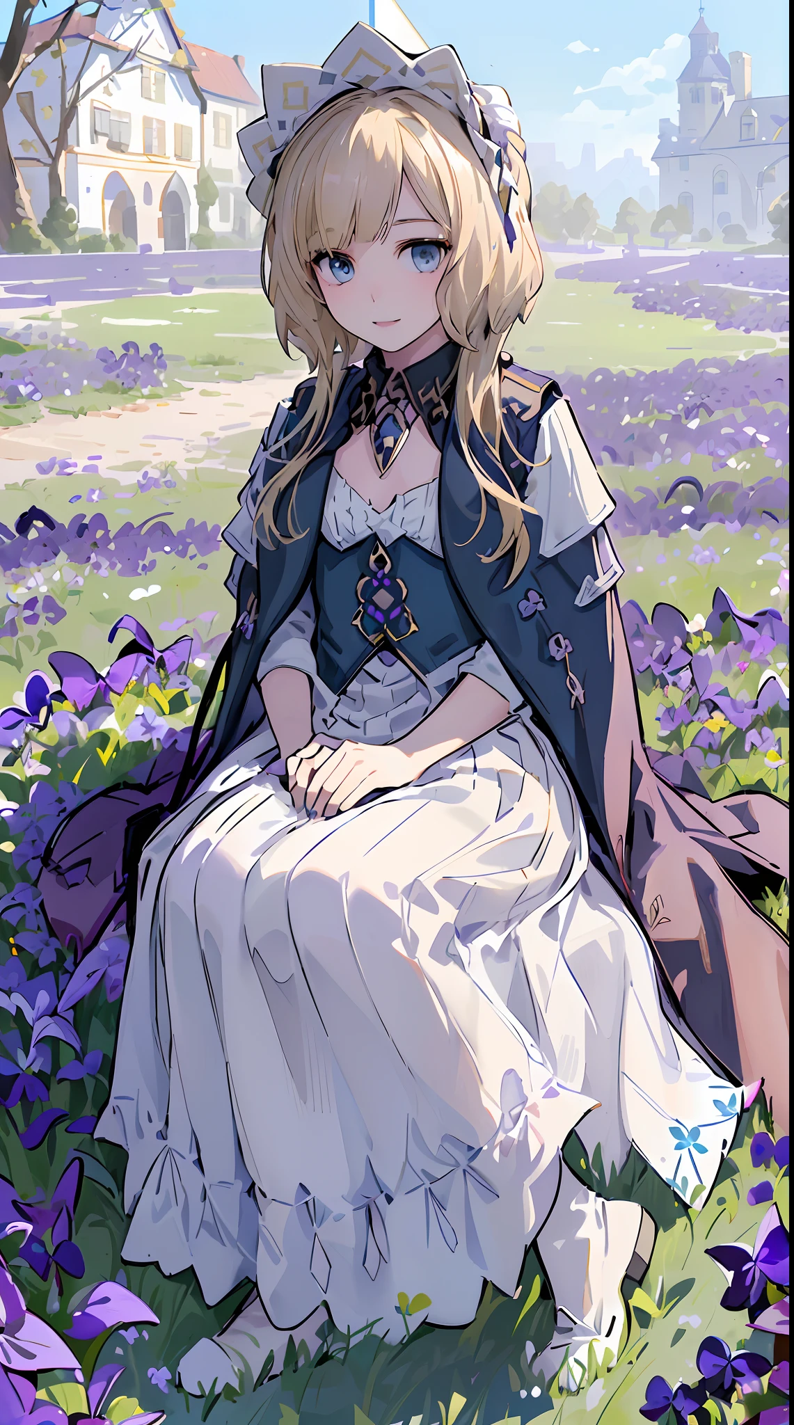 1girll,sandrone, (((Blonde hair))), (((blue color eyes))),Light smile, Hat,(((Sitting))),Lie outdoors,(((blue clear skies))),(((Violets grow on the grass next to it))),(((Anne Hathaway)))