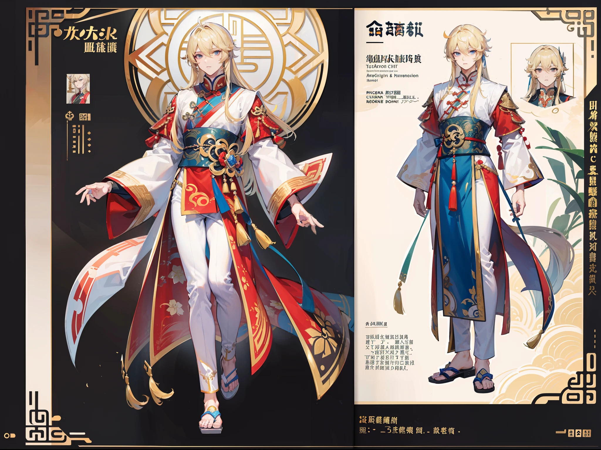 ((Masterpiece, Highest quality)), Detailed face, character design sheet, full bodyesbian, Full of details, frontal body view, back body view, Highly detailed, Depth, Many parts, Muscle boy with blonde long hair,handsome man, Traditional chinese clothes, Genshin Impact, man tall