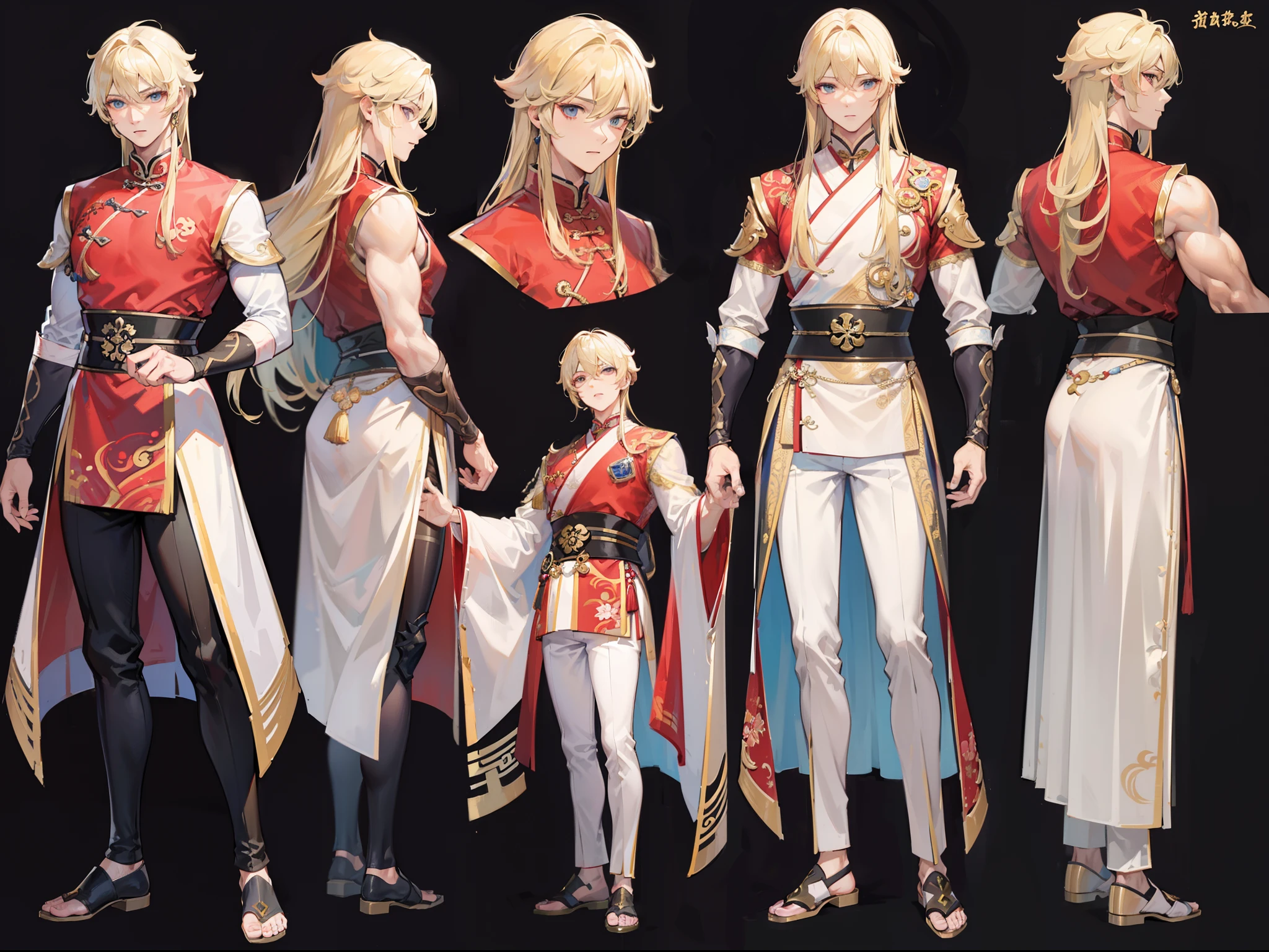 ((Masterpiece, Highest quality)), Detailed face, character design sheet, full bodyesbian, Full of details, frontal body view, back body view, Highly detailed, Depth, Many parts, Muscle boy with blonde long hair,handsome man, Traditional chinese clothes, Genshin Impact, man tall