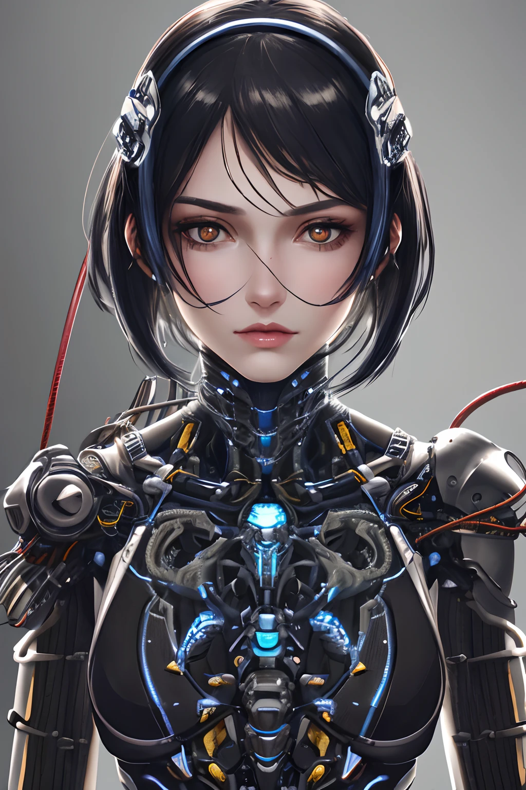 1mechanical girl,((ultra realistic details)), portrait, global illumination, shadows, octane render, 8k, ultra sharp,metal,intricate, ornaments detailed, cold colors, egypician detail, highly intricate details, realistic light, trending on cgsociety, glowing eyes, facing camera, neon details, machanical limbs,blood vessels connected to tubes,mechanical vertebra attaching to back,mechanical cervial attaching to neck,sitting,wires and cables connecting to head