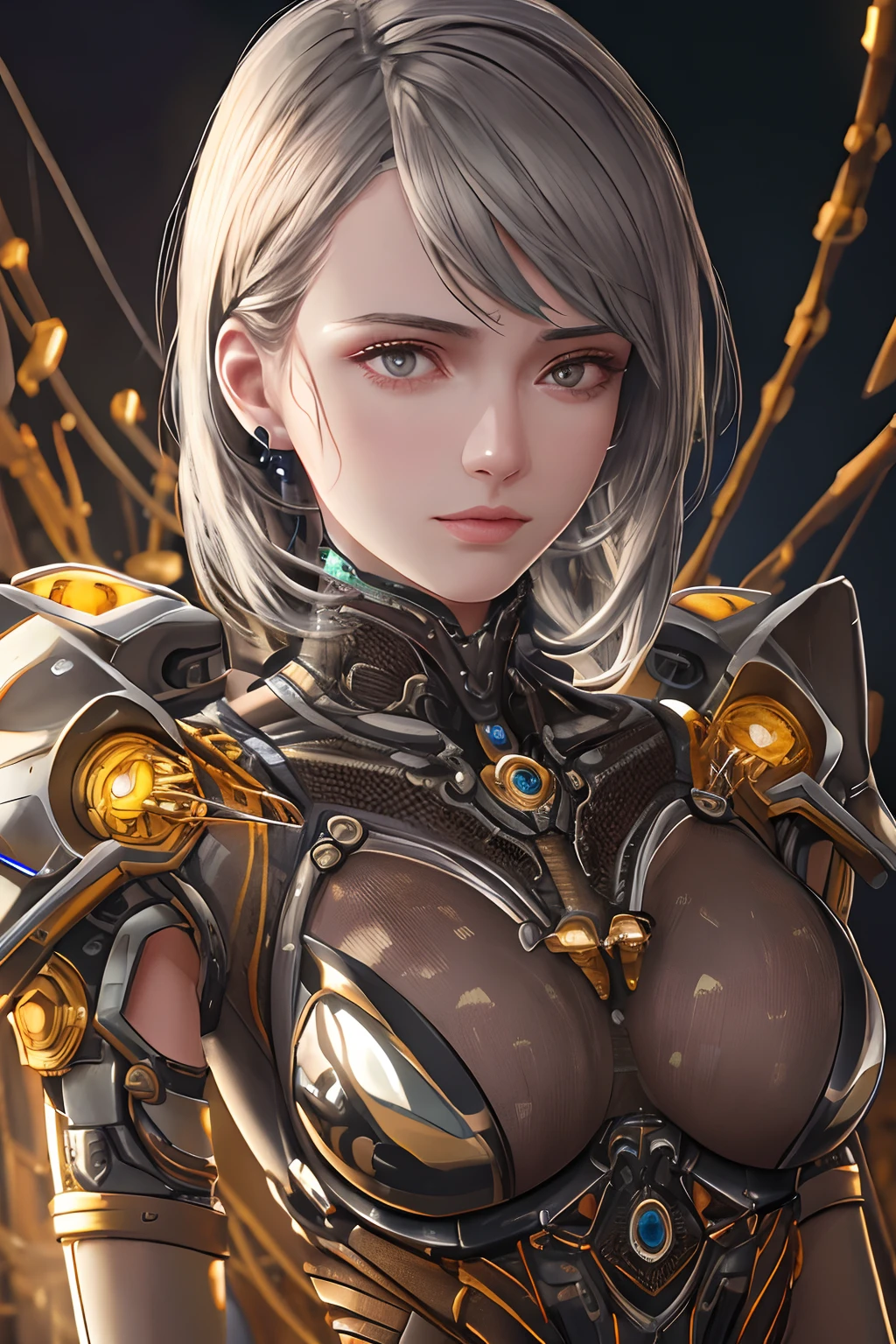1mechanical girl,((ultra realistic details)), portrait, global illumination, shadows, octane render, 8k, ultra sharp,metal,intricate, ornaments detailed, cold colors, egypician detail, highly intricate details, realistic light, trending on cgsociety, glowing eyes, facing camera, neon details, machanical limbs,blood vessels connected to tubes,mechanical vertebra attaching to back,mechanical cervial attaching to neck,sitting,wires and cables connecting to head