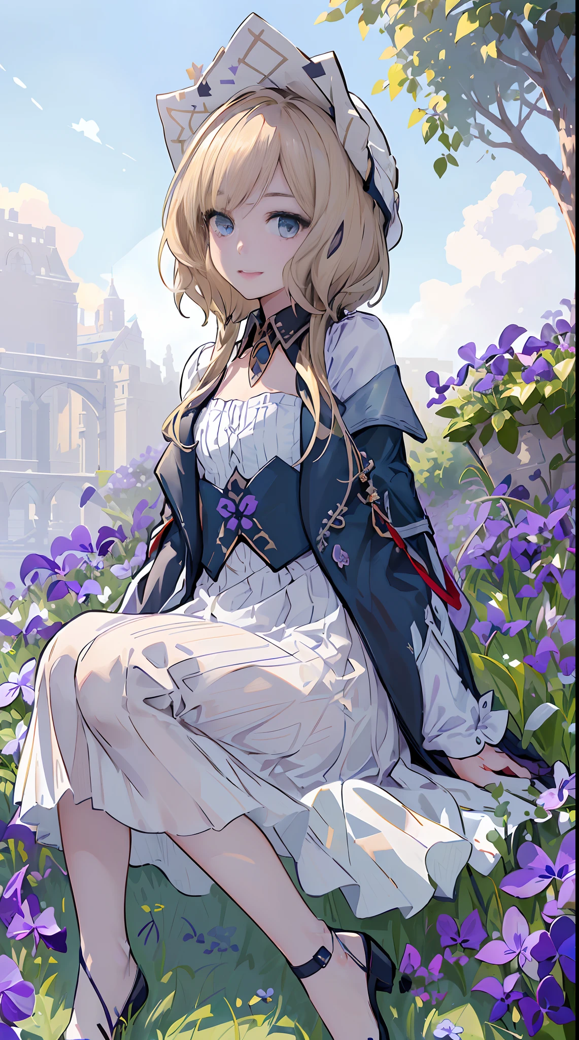1girll,sandrone, (((Blonde hair))), (((blue color eyes))),Light smile, Hat,(((Sitting))),Lie outdoors,(((blue clear skies))),(((Violets grow on the grass next to it))),(((Anne Hathaway)))